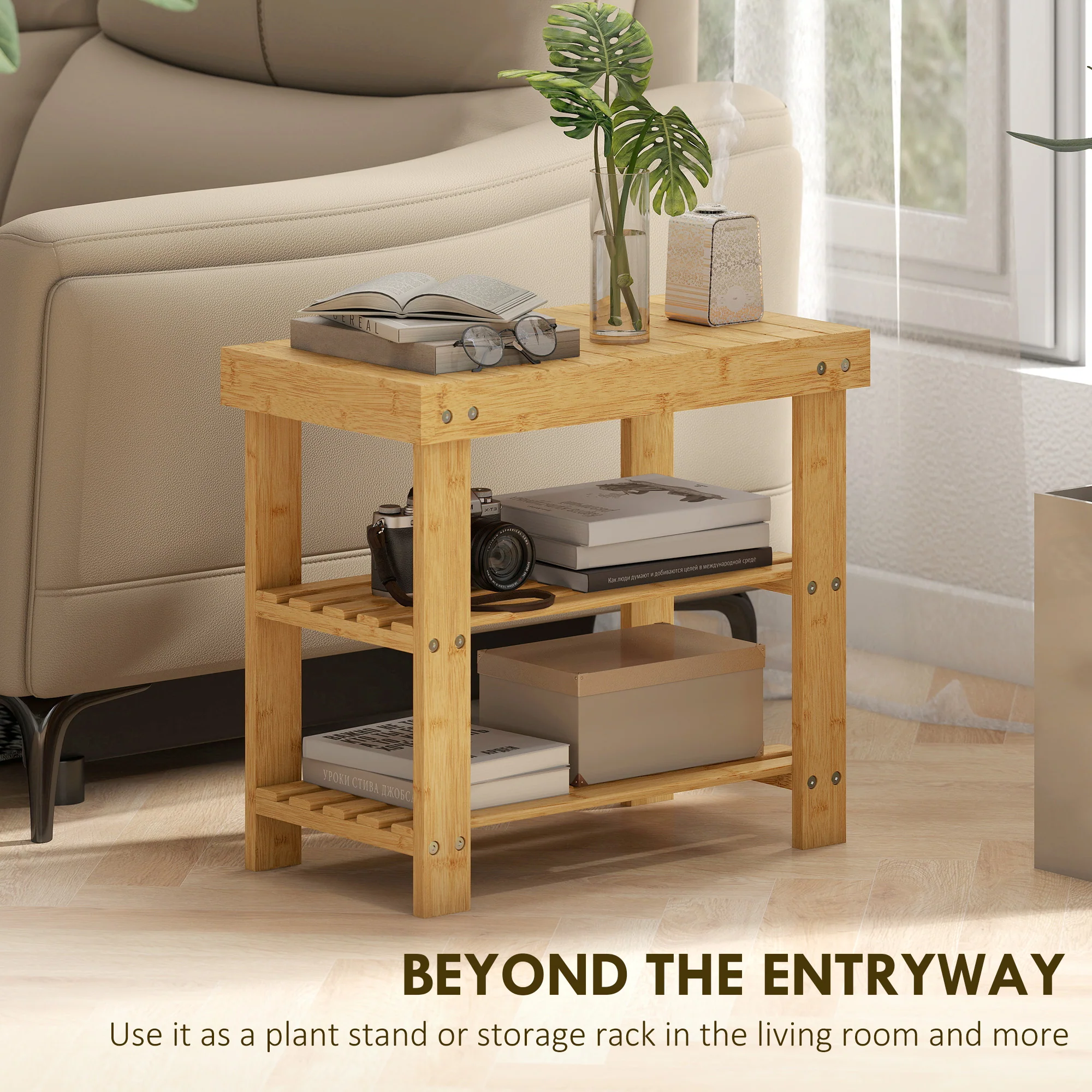 HOMCOM 3-Tier Bamboo Shoe Bench with 2 Shelves for Entryway, Wood Finish - Image 6
