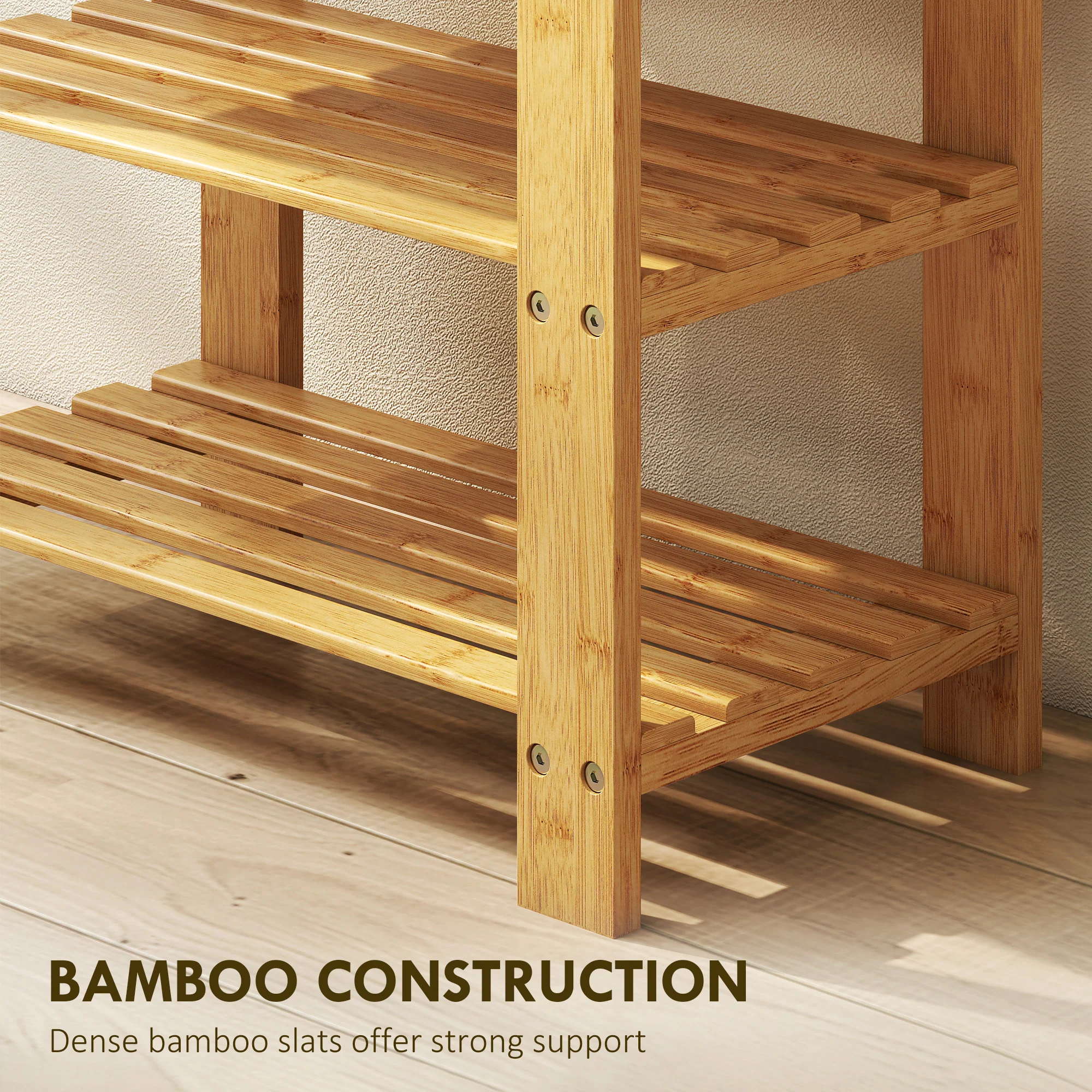 HOMCOM 3-Tier Bamboo Shoe Bench with 2 Shelves for Entryway, Wood Finish - Image 7