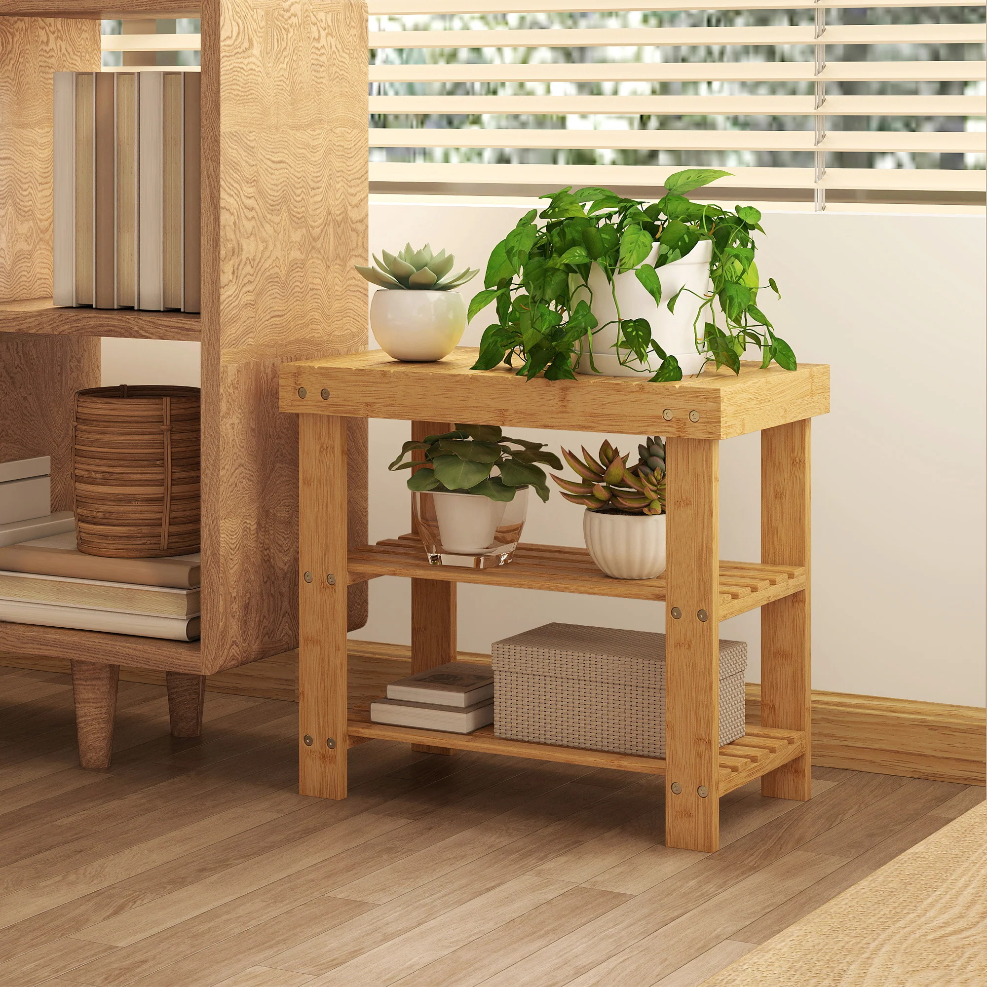 HOMCOM 3-Tier Bamboo Shoe Bench with 2 Shelves for Entryway, Wood Finish - Image 8