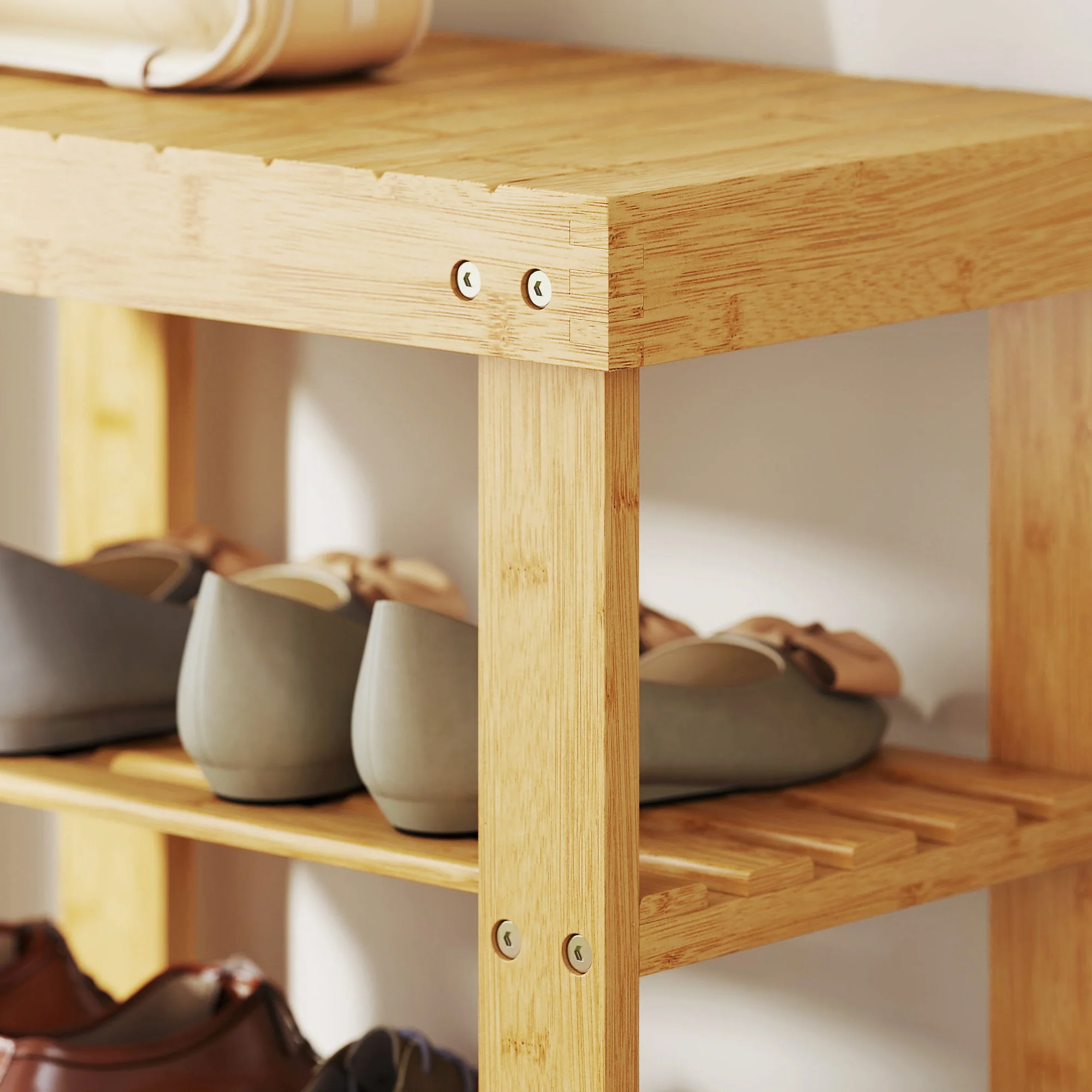 HOMCOM 3-Tier Bamboo Shoe Bench with 2 Shelves for Entryway, Wood Finish - Image 9