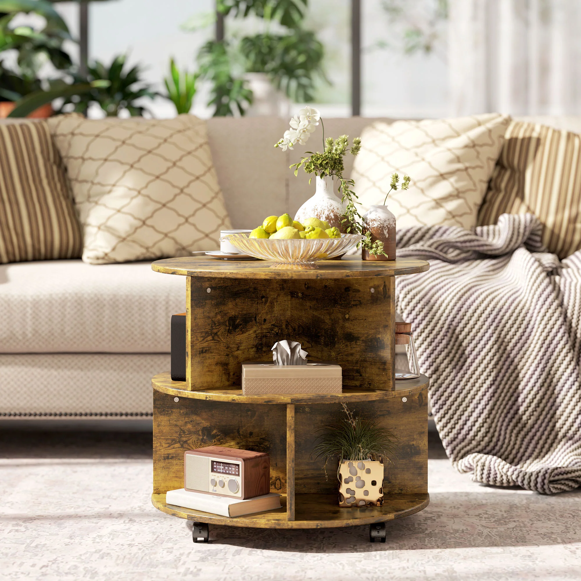 HOMCOM 3 Tier Coffee Table Round Rolling Centre Table W/ Wheels Rustic Brown - Image 7