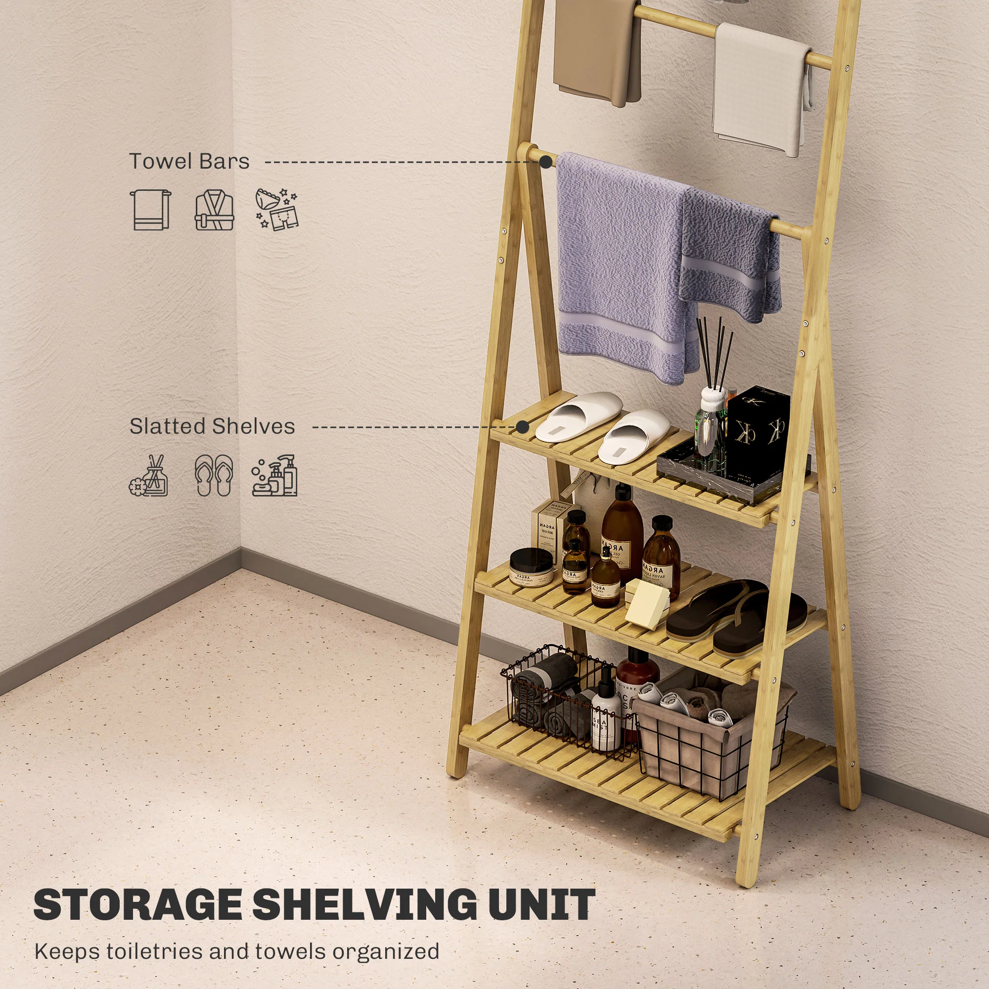 HOMCOM 3-Tier Folding Bamboo Bathroom Storage Shelving Unit With Towel Bars - Image 3
