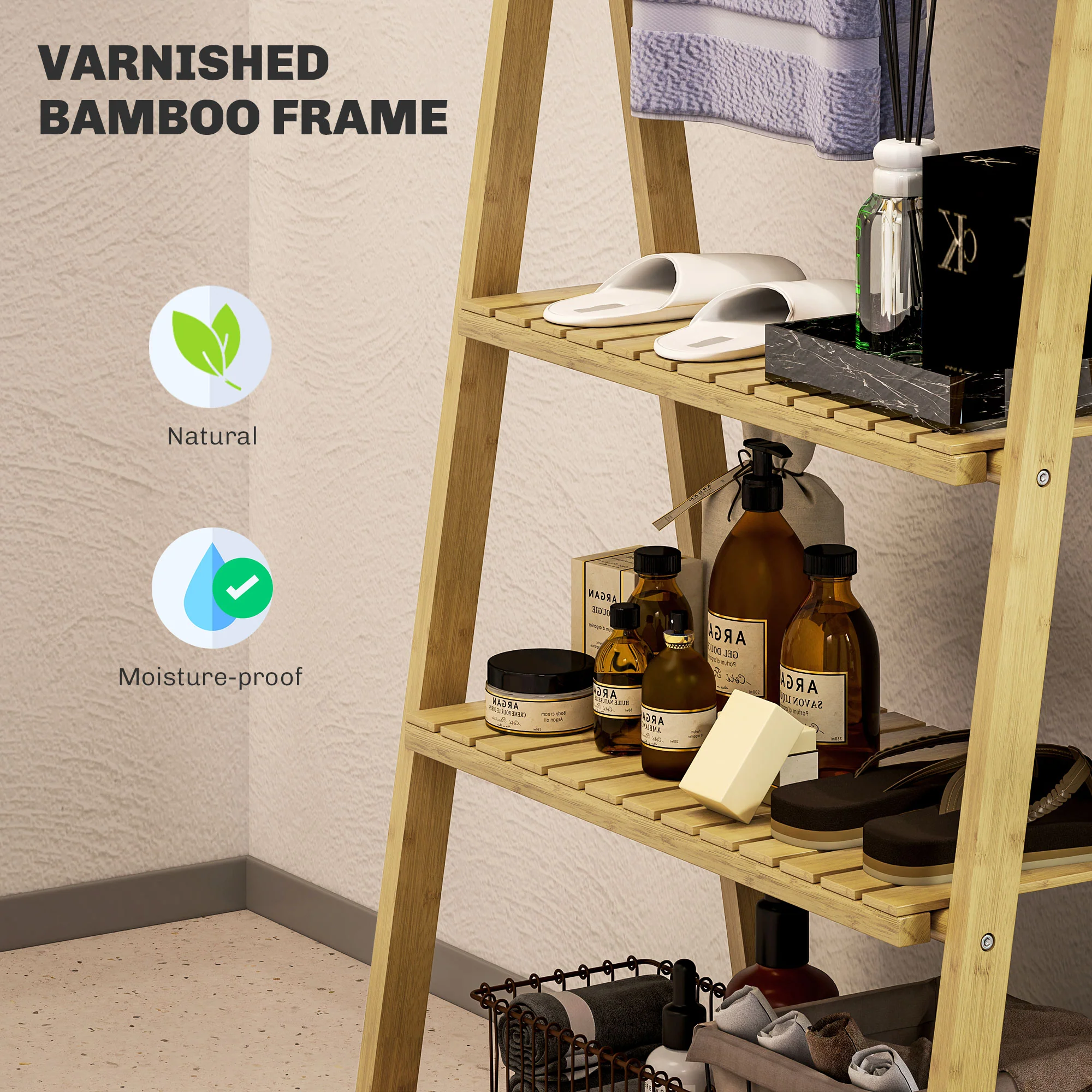 HOMCOM 3-Tier Folding Bamboo Bathroom Storage Shelving Unit With Towel Bars - Image 4