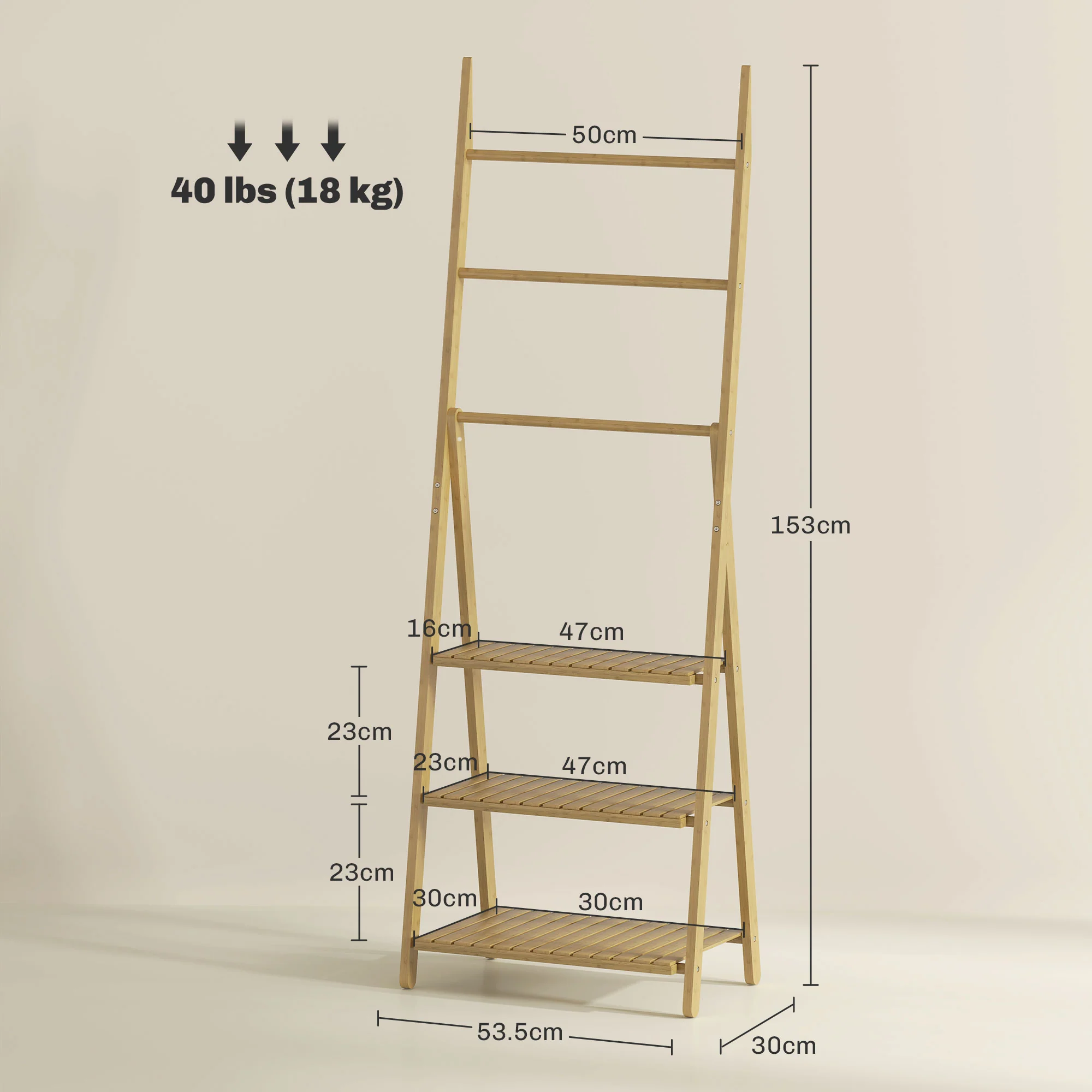 HOMCOM 3-Tier Folding Bamboo Bathroom Storage Shelving Unit With Towel Bars - Image 5