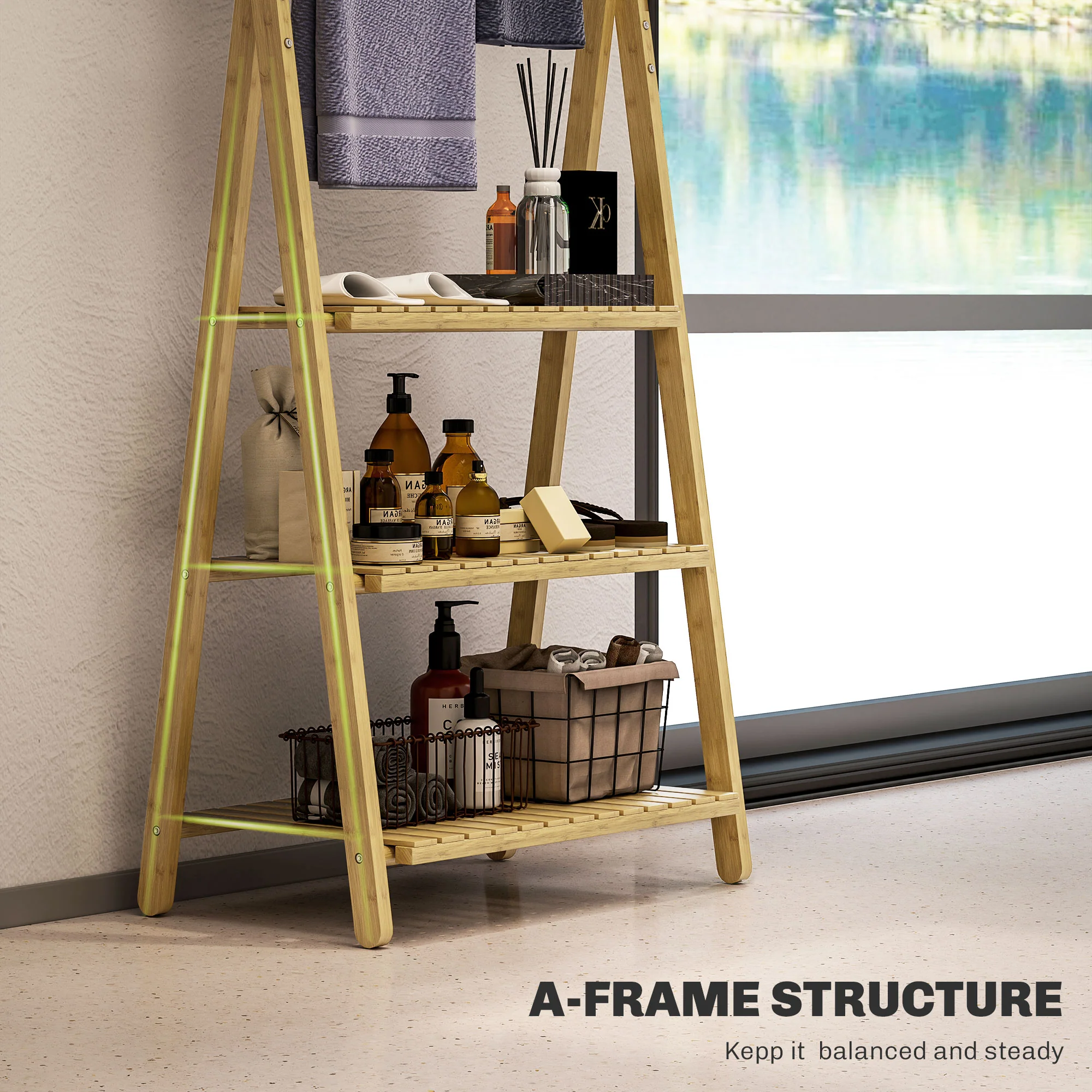 HOMCOM 3-Tier Folding Bamboo Bathroom Storage Shelving Unit With Towel Bars - Image 6