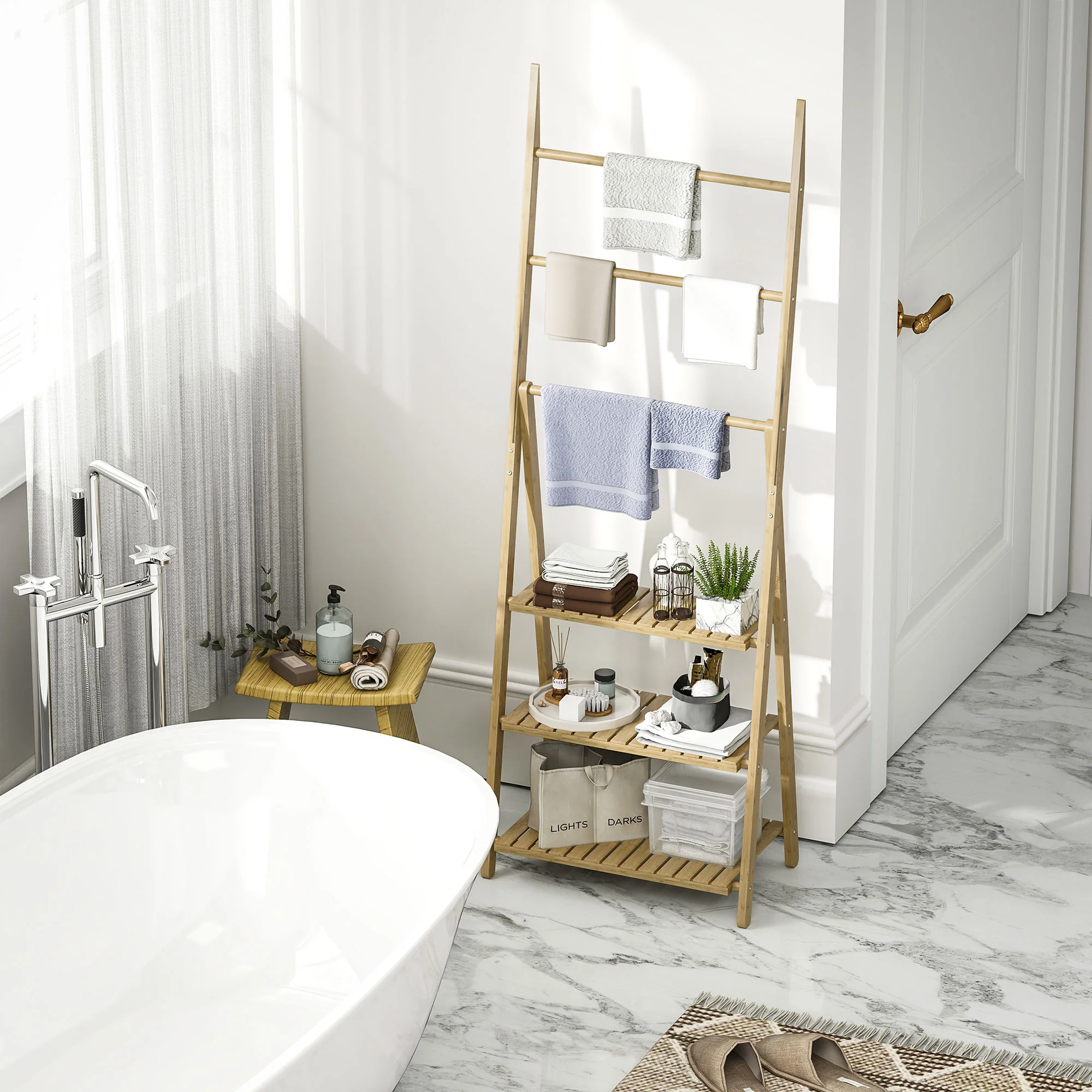 HOMCOM 3-Tier Folding Bamboo Bathroom Storage Shelving Unit With Towel Bars - Image 7