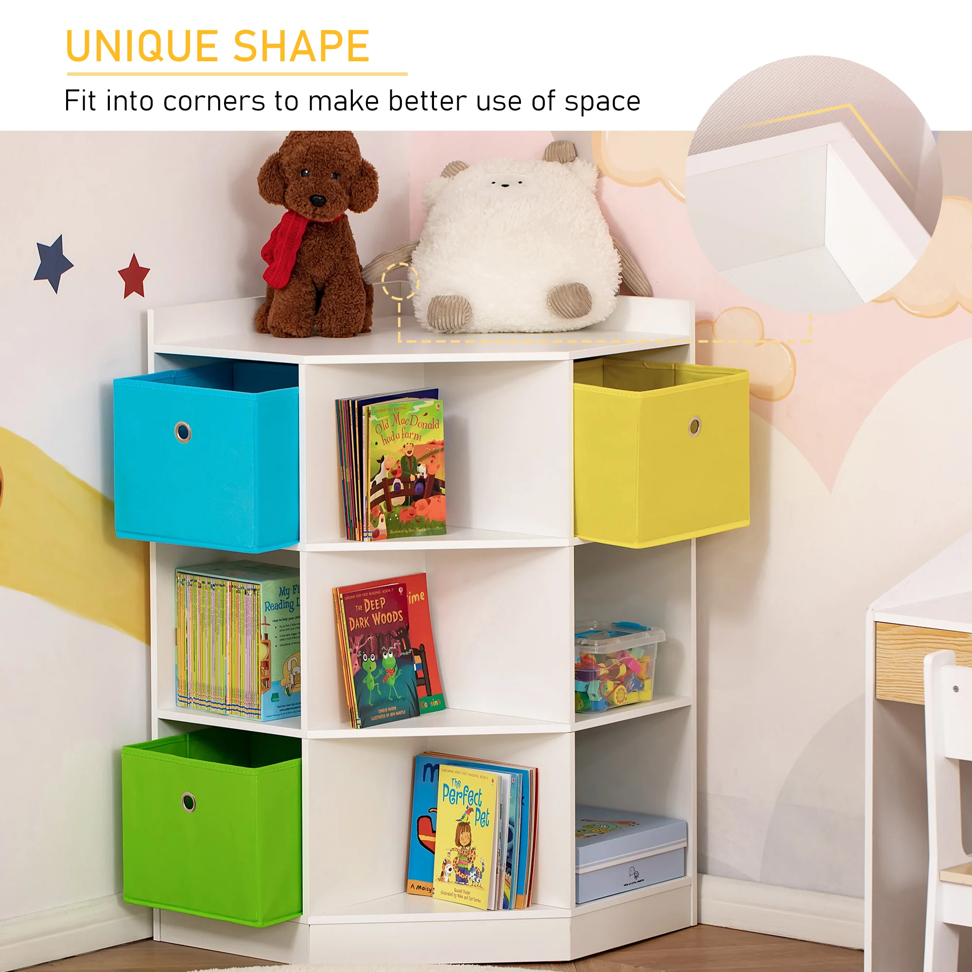 HOMCOM 3 Tier Kids Bookcase Toy Organiser Storage w/ 3 Fabric Drawers, White - Image 3