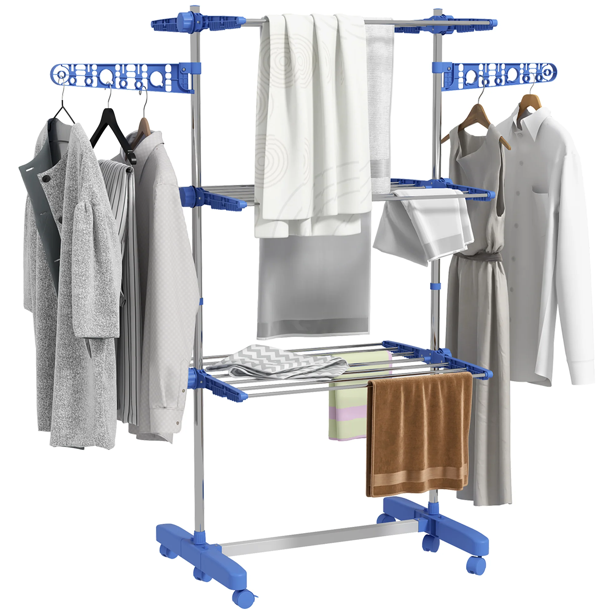 HOMCOM 3-Tier Large Clothes Airer Stainless Steel Clothes Drying Rack - Blue/Grey - Image 10
