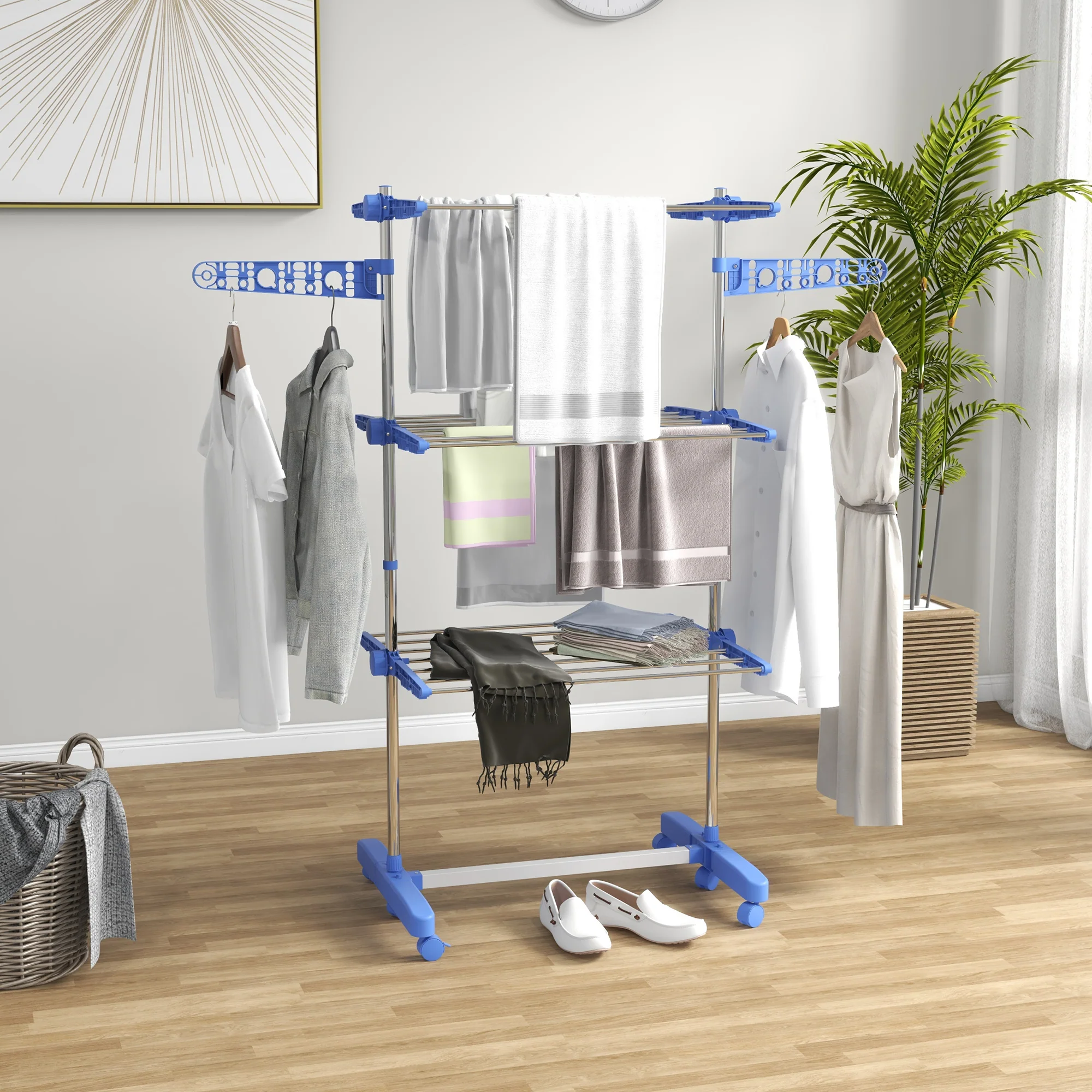 HOMCOM 3-Tier Large Clothes Airer Stainless Steel Clothes Drying Rack - Blue/Grey - Image 11