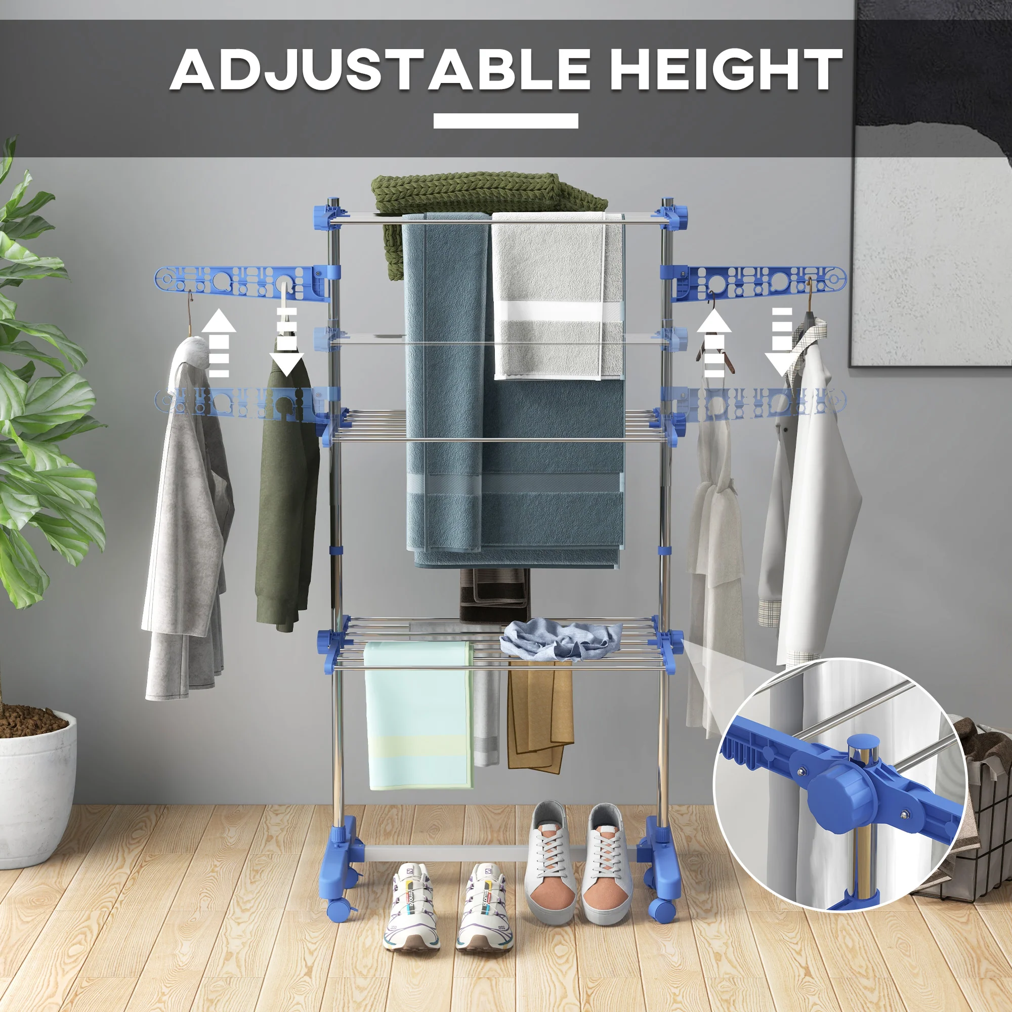 HOMCOM 3-Tier Large Clothes Airer Stainless Steel Clothes Drying Rack - Blue/Grey - Image 12