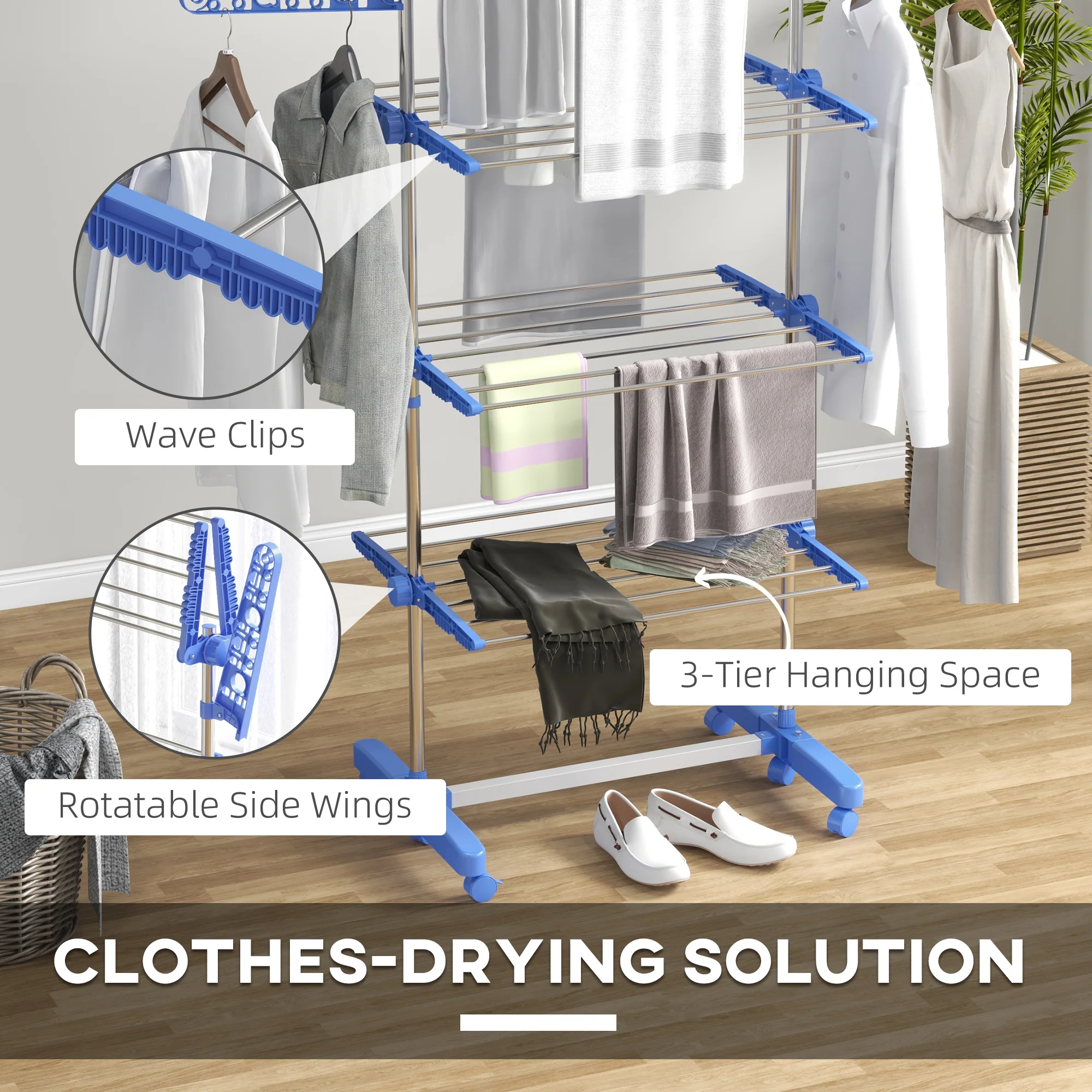 HOMCOM 3-Tier Large Clothes Airer Stainless Steel Clothes Drying Rack - Blue/Grey - Image 13