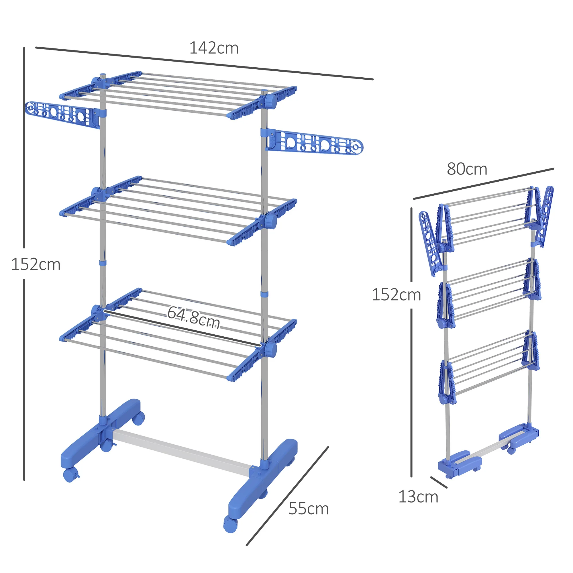 HOMCOM 3-Tier Large Clothes Airer Stainless Steel Clothes Drying Rack - Blue/Grey - Image 14