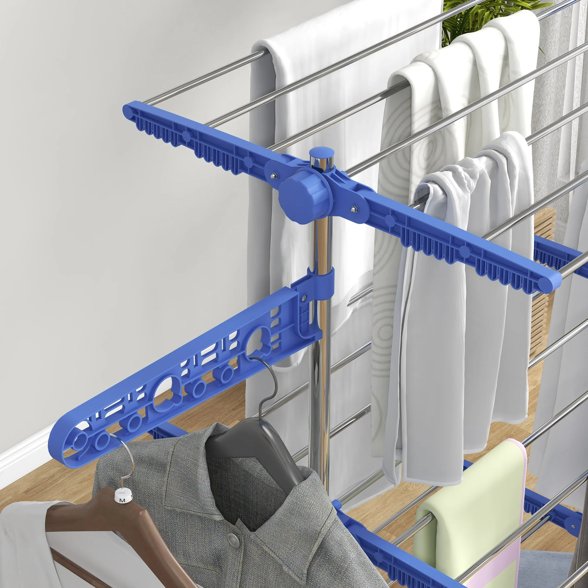 HOMCOM 3-Tier Large Clothes Airer Stainless Steel Clothes Drying Rack - Blue/Grey - Image 17