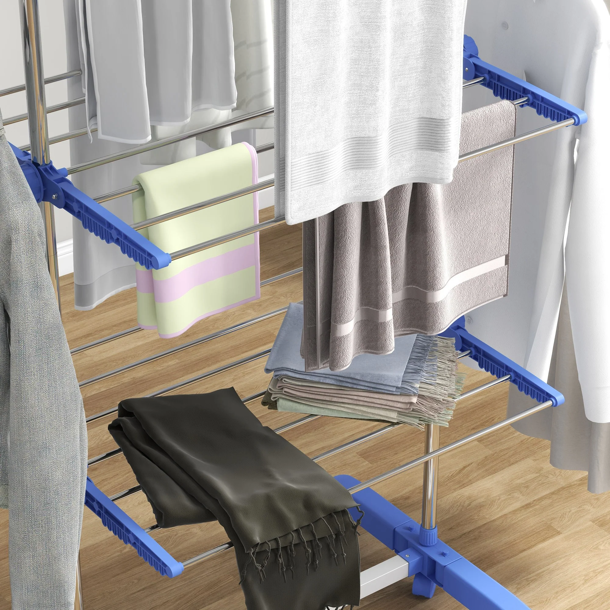 HOMCOM 3-Tier Large Clothes Airer Stainless Steel Clothes Drying Rack - Blue/Grey - Image 18