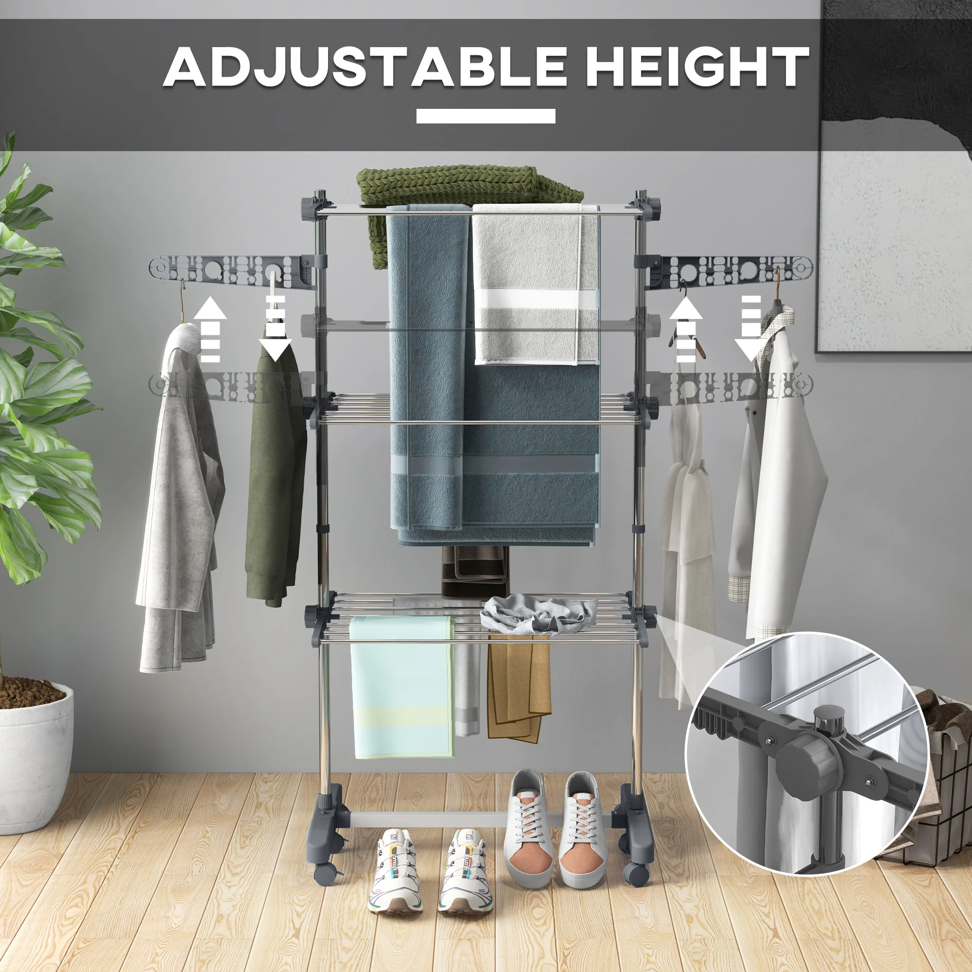 HOMCOM 3-Tier Large Clothes Airer Stainless Steel Clothes Drying Rack - Blue/Grey - Image 3