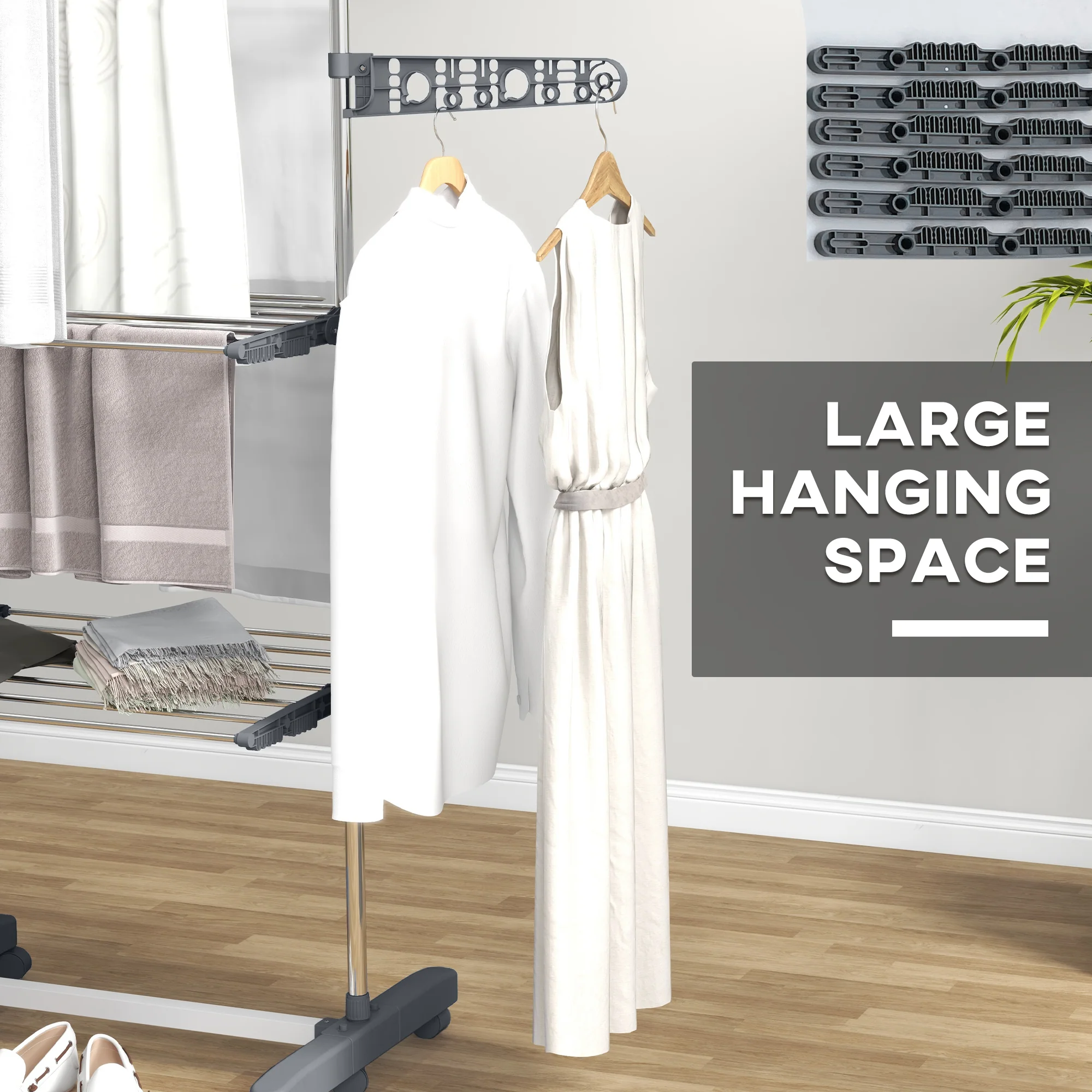 HOMCOM 3-Tier Large Clothes Airer Stainless Steel Clothes Drying Rack - Blue/Grey - Image 4