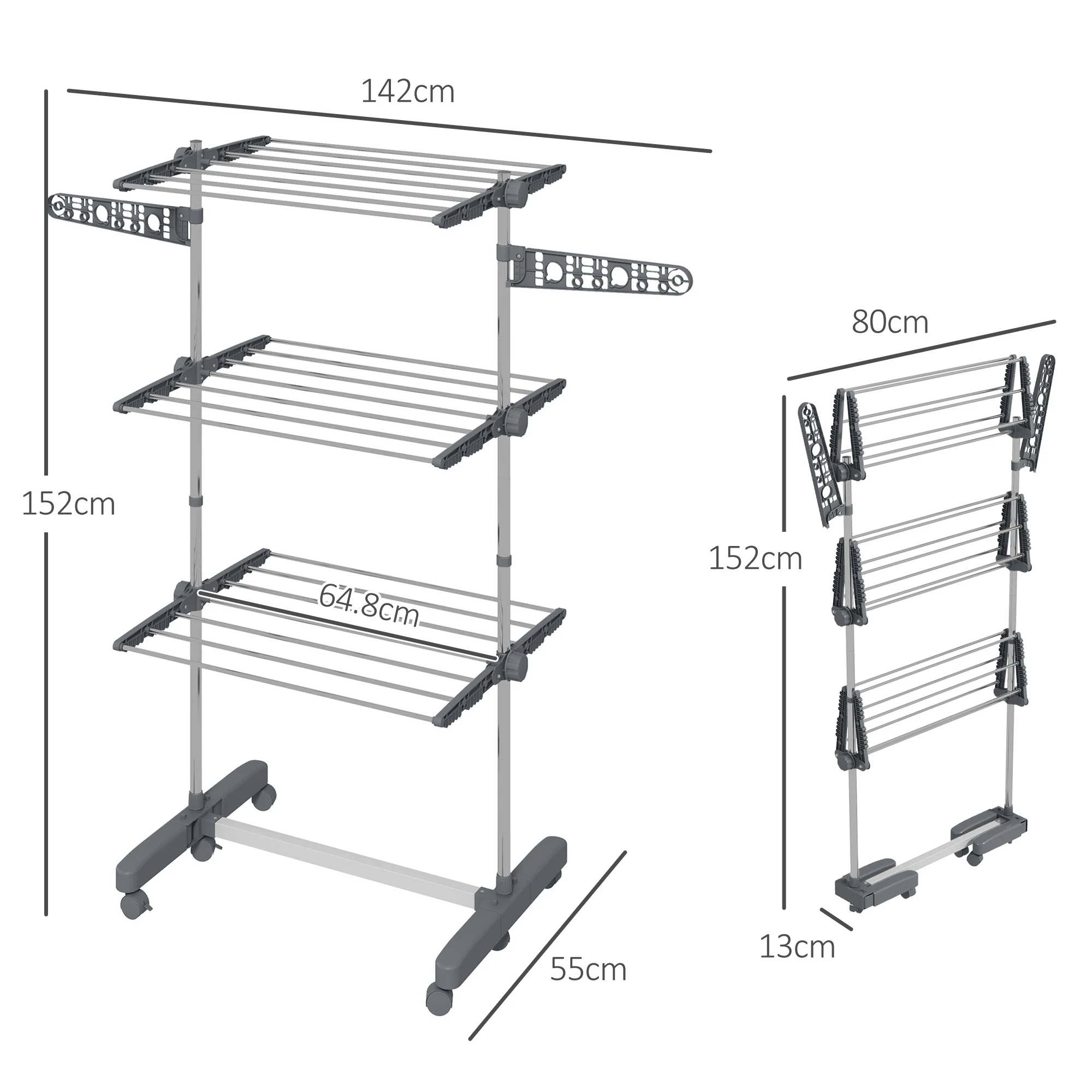 HOMCOM 3-Tier Large Clothes Airer Stainless Steel Clothes Drying Rack - Blue/Grey - Image 5