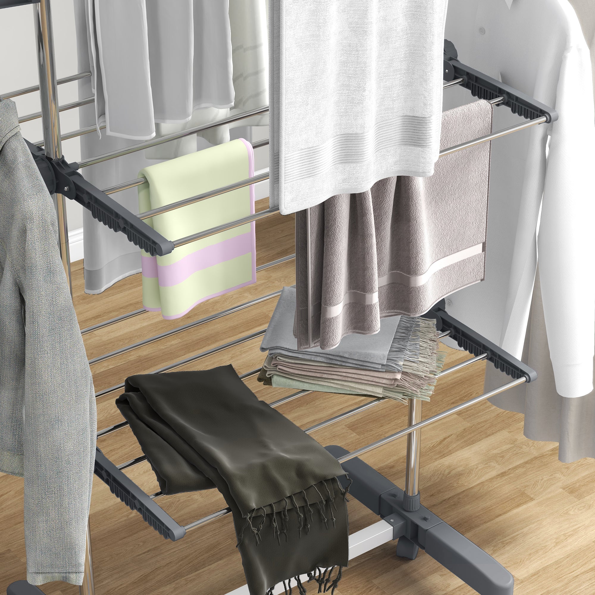HOMCOM 3-Tier Large Clothes Airer Stainless Steel Clothes Drying Rack - Blue/Grey - Image 9