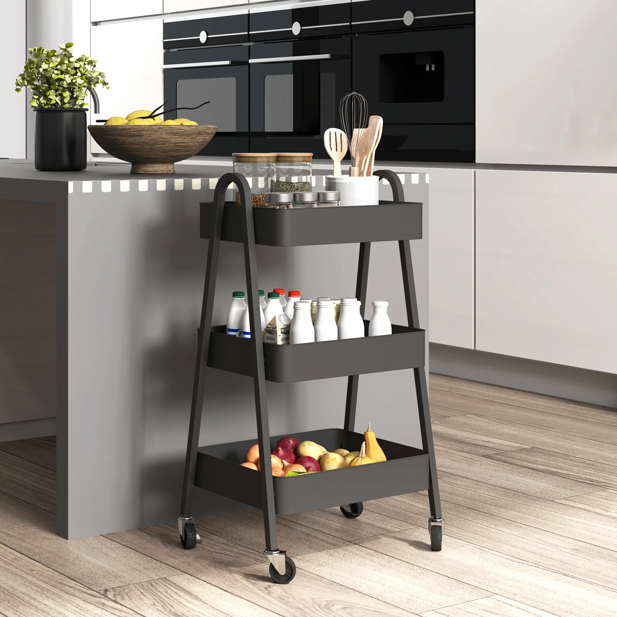 HOMCOM 3-Tier Rolling Utility Cart Kitchen Storage Trolley on Wheels Black - Image 2