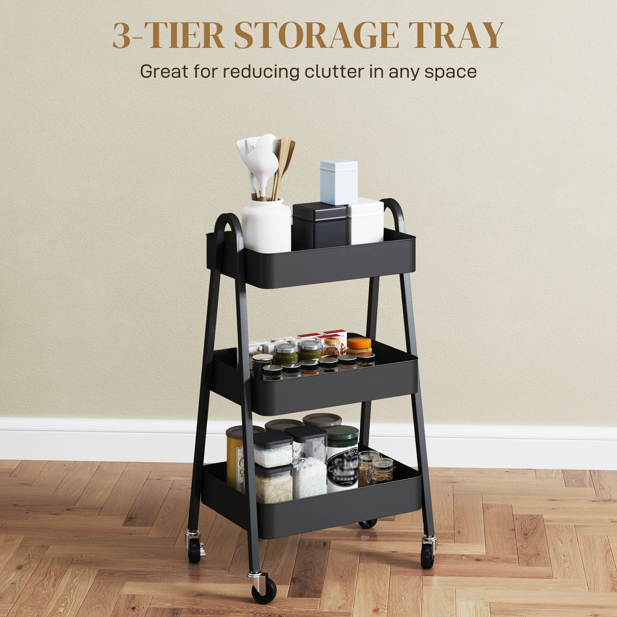 HOMCOM 3-Tier Rolling Utility Cart Kitchen Storage Trolley on Wheels Black - Image 3