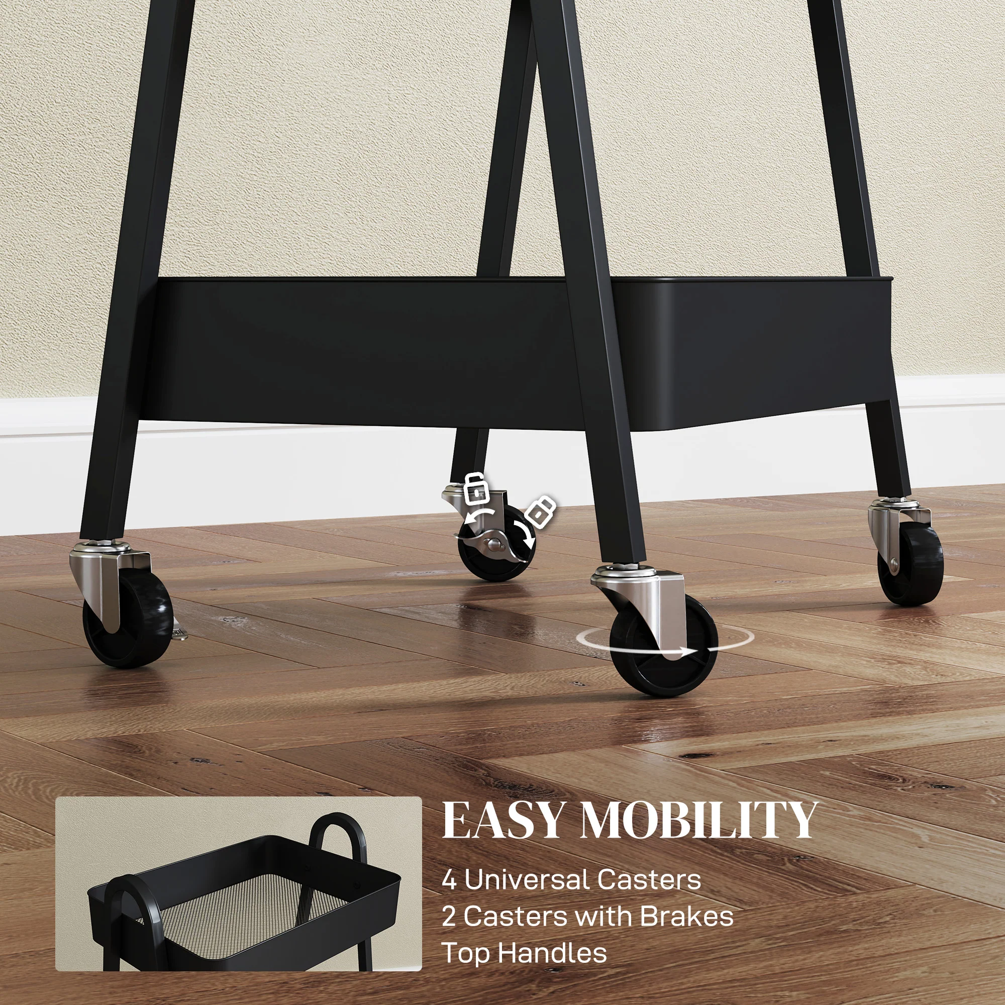 HOMCOM 3-Tier Rolling Utility Cart Kitchen Storage Trolley on Wheels Black - Image 4