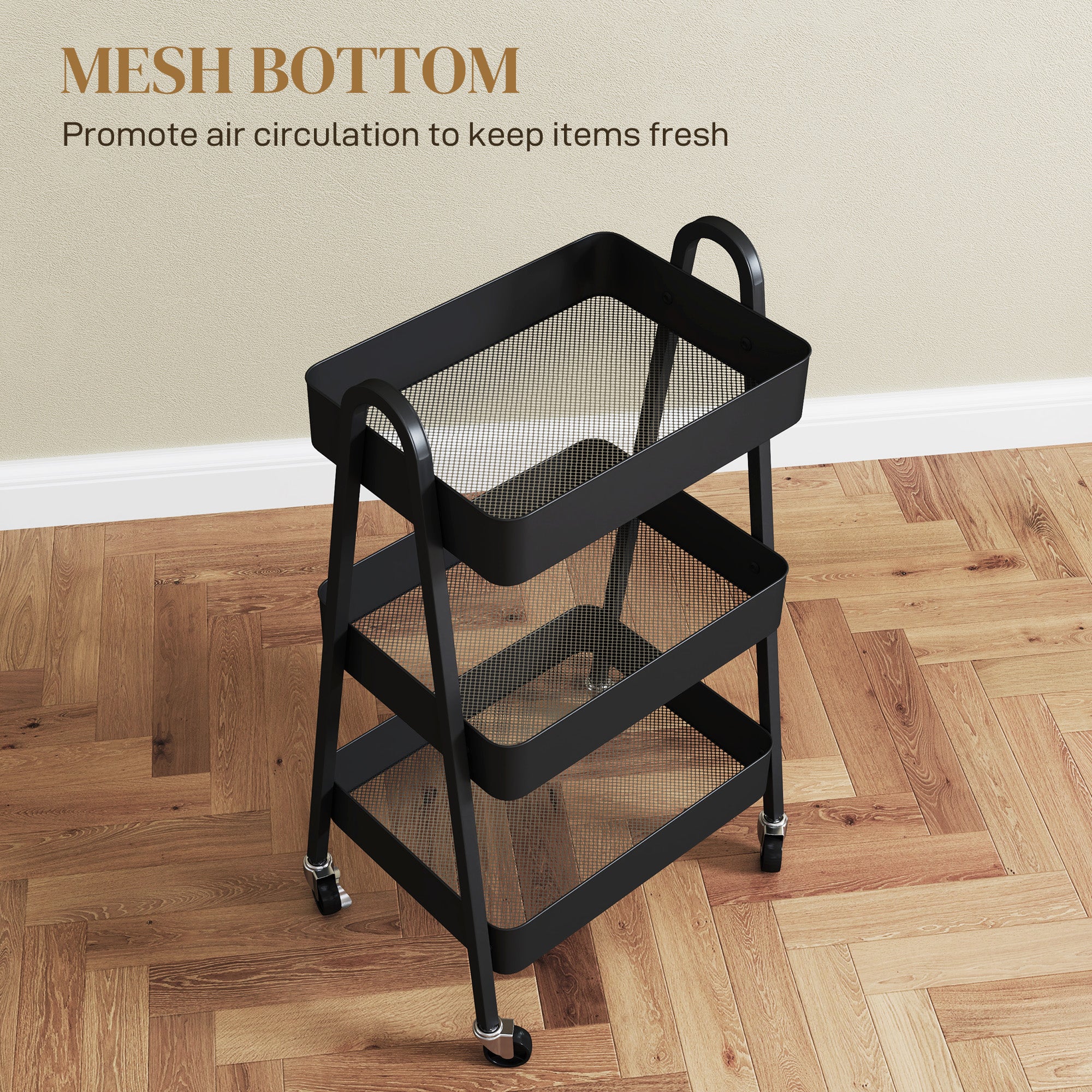 HOMCOM 3-Tier Rolling Utility Cart Kitchen Storage Trolley on Wheels Black - Image 6