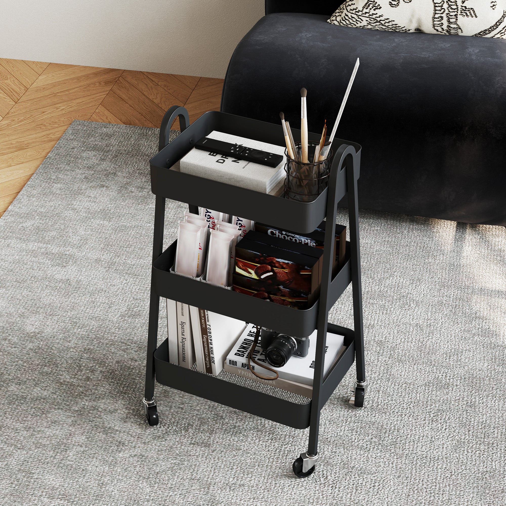 HOMCOM 3-Tier Rolling Utility Cart Kitchen Storage Trolley on Wheels Black - Image 7