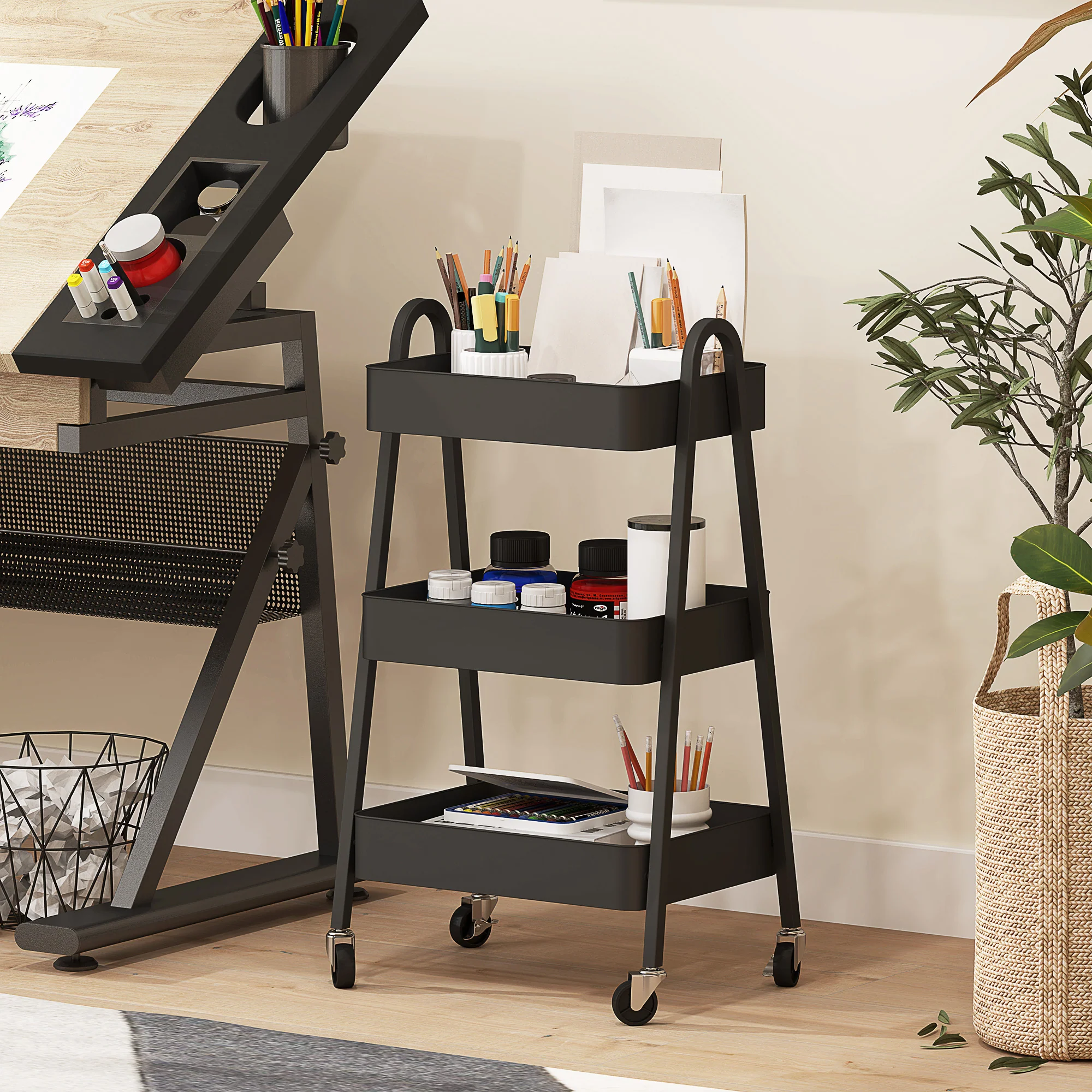 HOMCOM 3-Tier Rolling Utility Cart Kitchen Storage Trolley on Wheels Black - Image 8