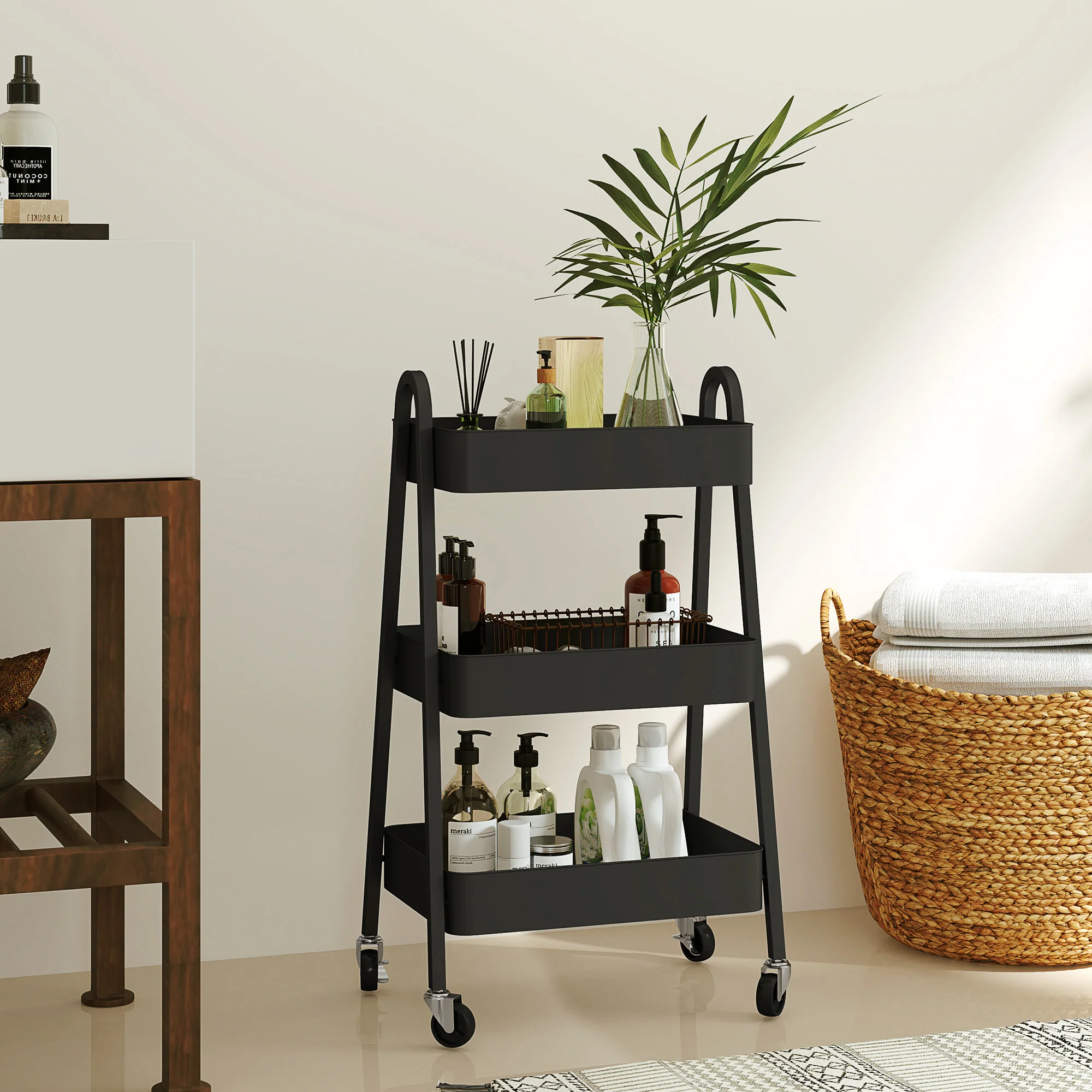 HOMCOM 3-Tier Rolling Utility Cart Kitchen Storage Trolley on Wheels Black - Image 9