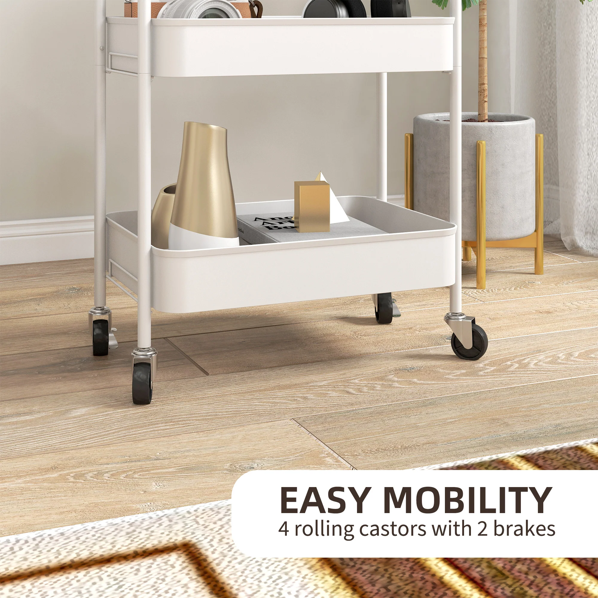 HOMCOM 3 Tier Rolling Utility Cart with 3 Mesh Basket, White - Image 4