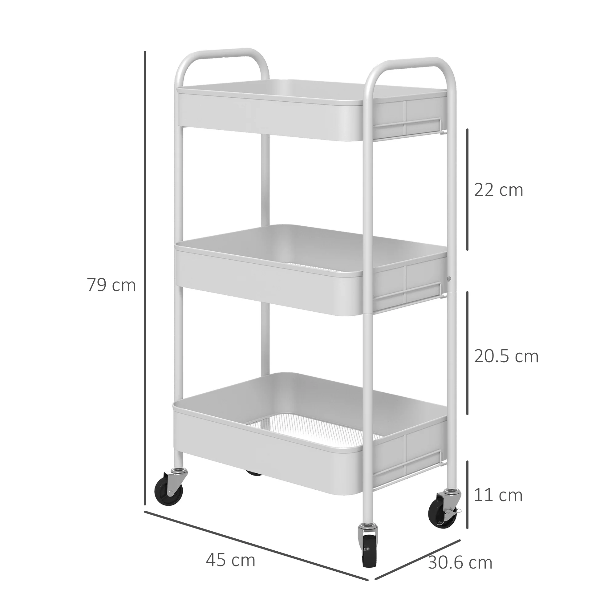 HOMCOM 3 Tier Rolling Utility Cart with 3 Mesh Basket, White - Image 5