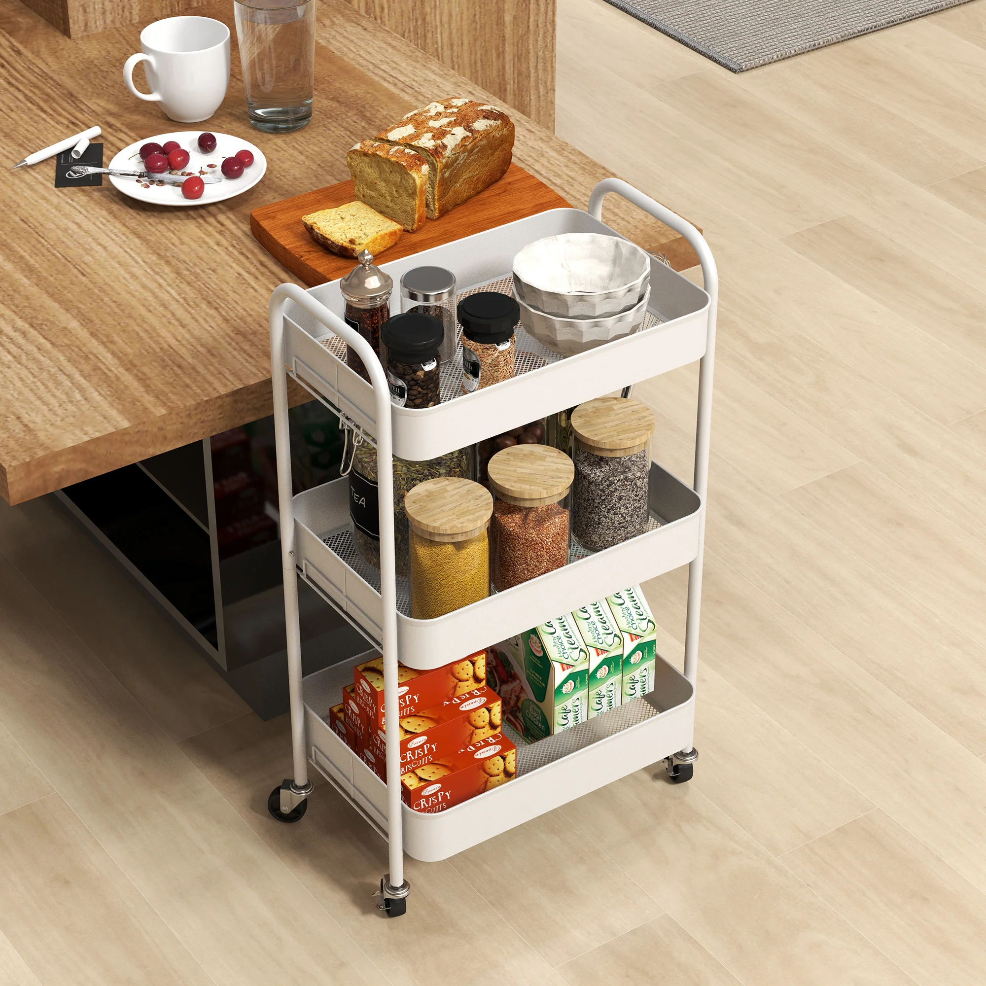 HOMCOM 3 Tier Rolling Utility Cart with 3 Mesh Basket, White - Image 8