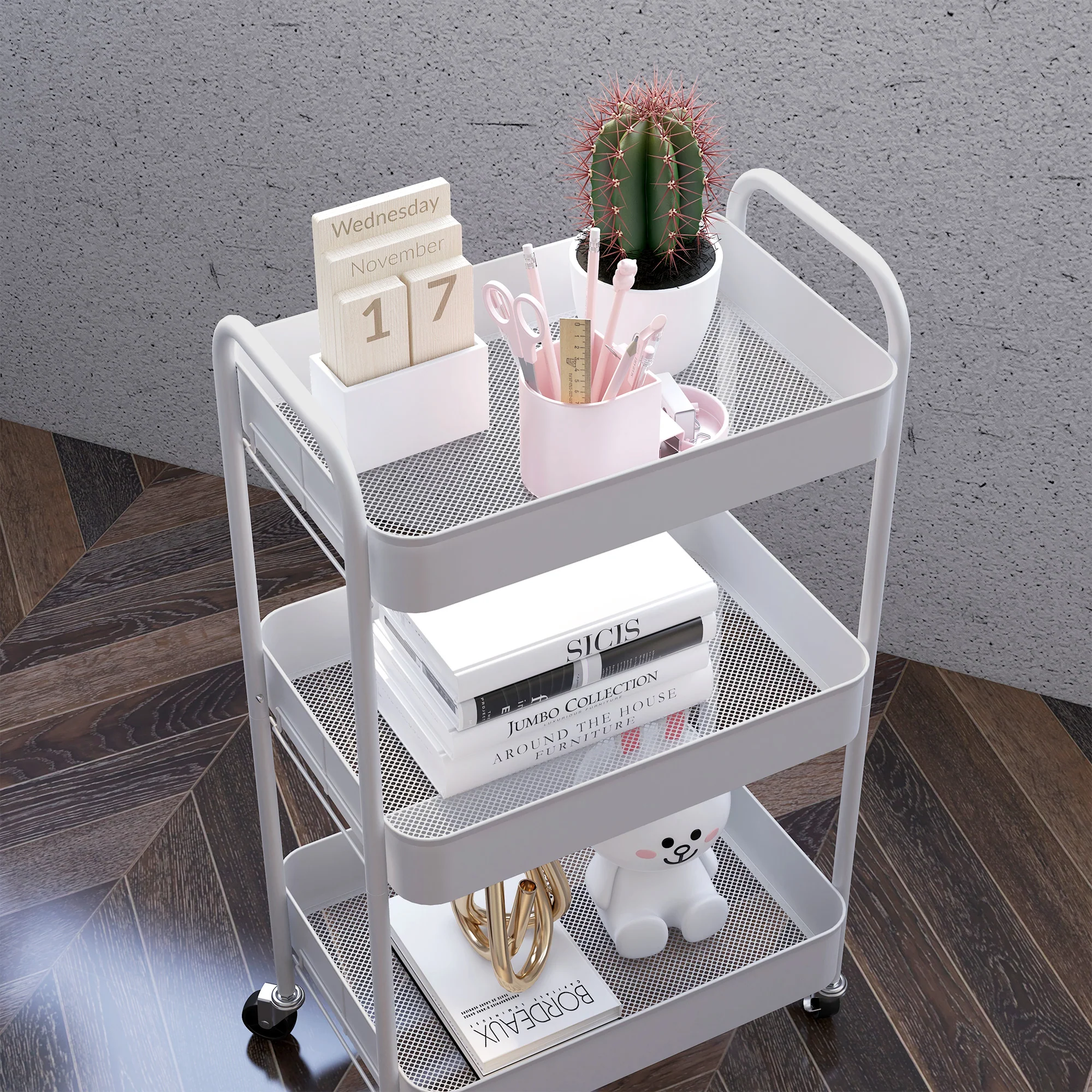 HOMCOM 3 Tier Rolling Utility Cart with 3 Mesh Basket, White - Image 9