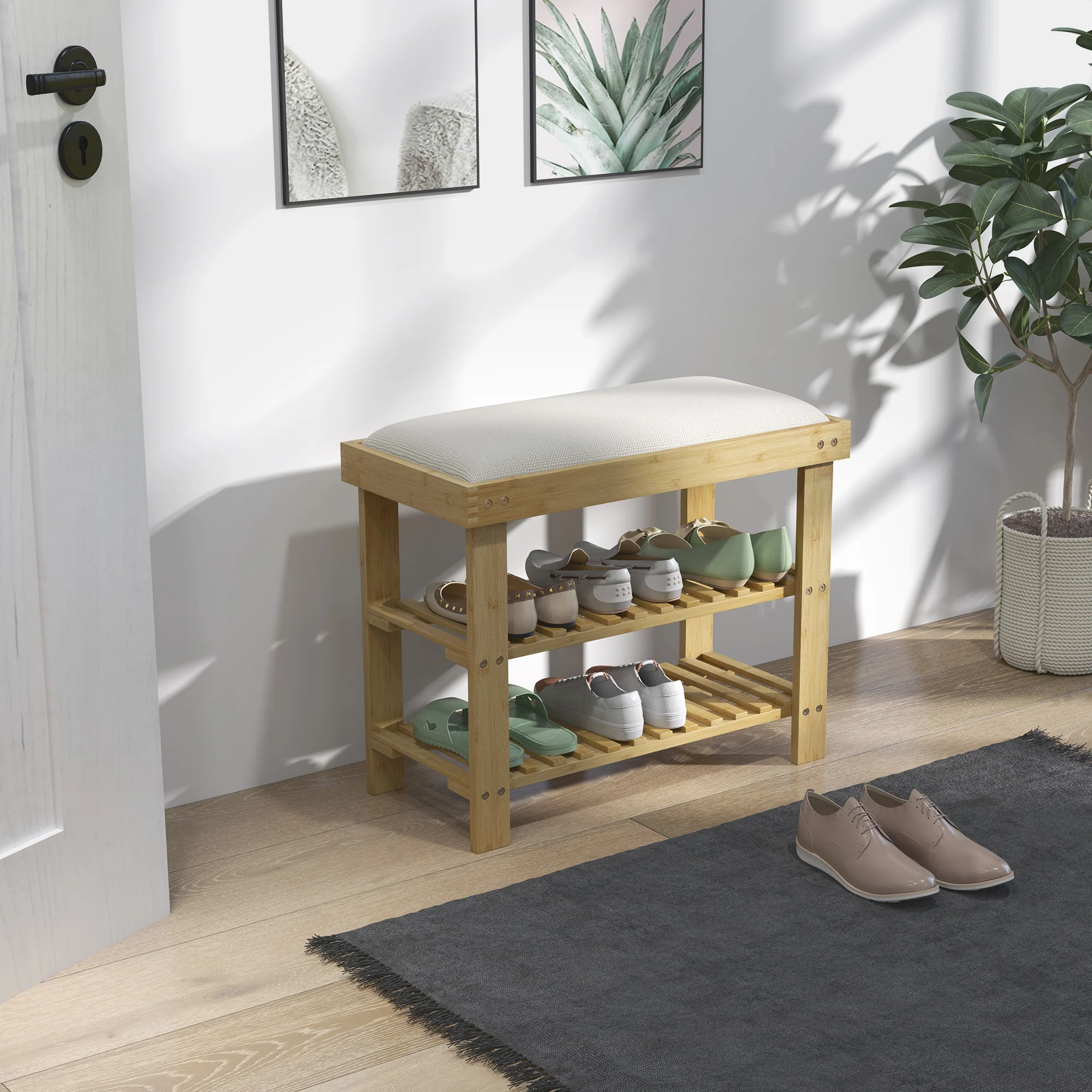 HOMCOM 3-Tier Shoe Storage Bench, Bamboo Shoe Rack for Entryway, Cream - Image 2