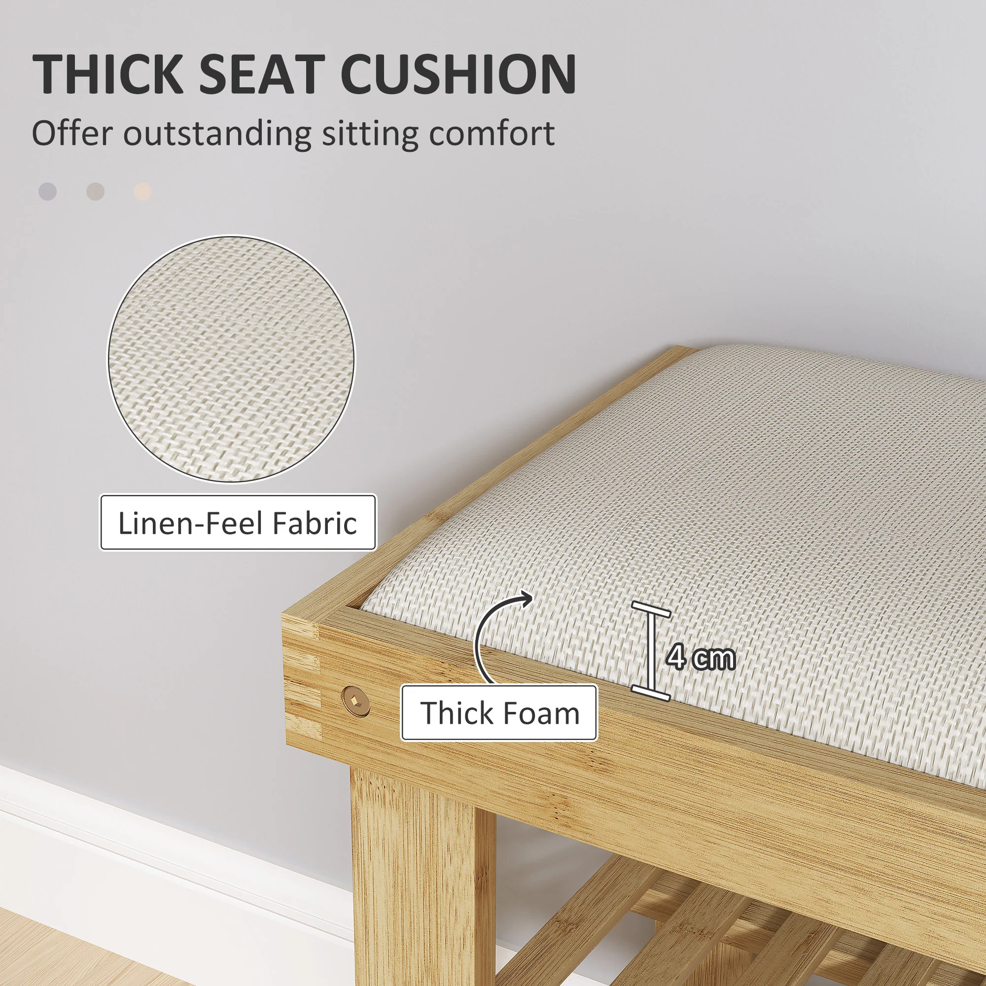 HOMCOM 3-Tier Shoe Storage Bench, Bamboo Shoe Rack for Entryway, Cream - Image 3