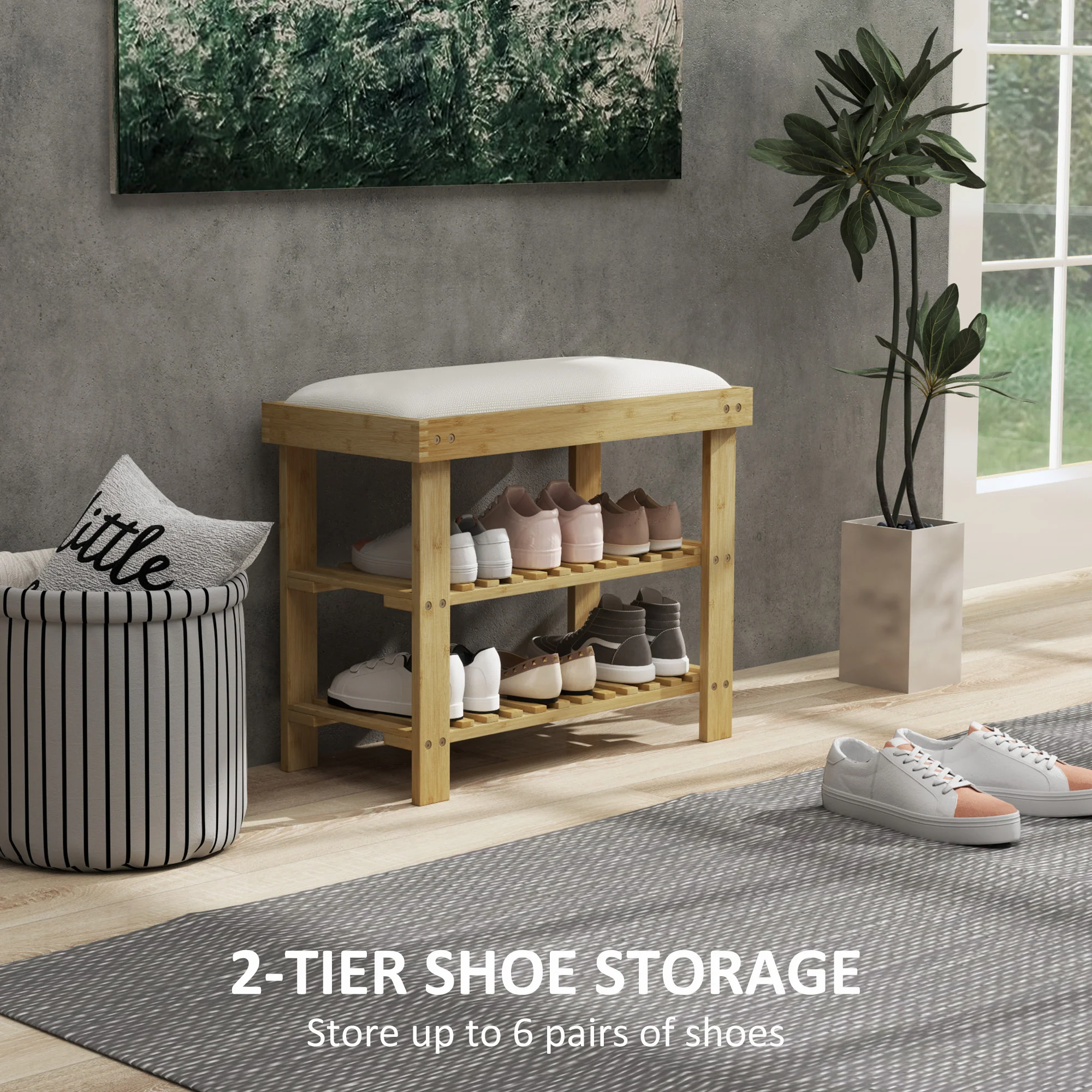 HOMCOM 3-Tier Shoe Storage Bench, Bamboo Shoe Rack for Entryway, Cream - Image 4