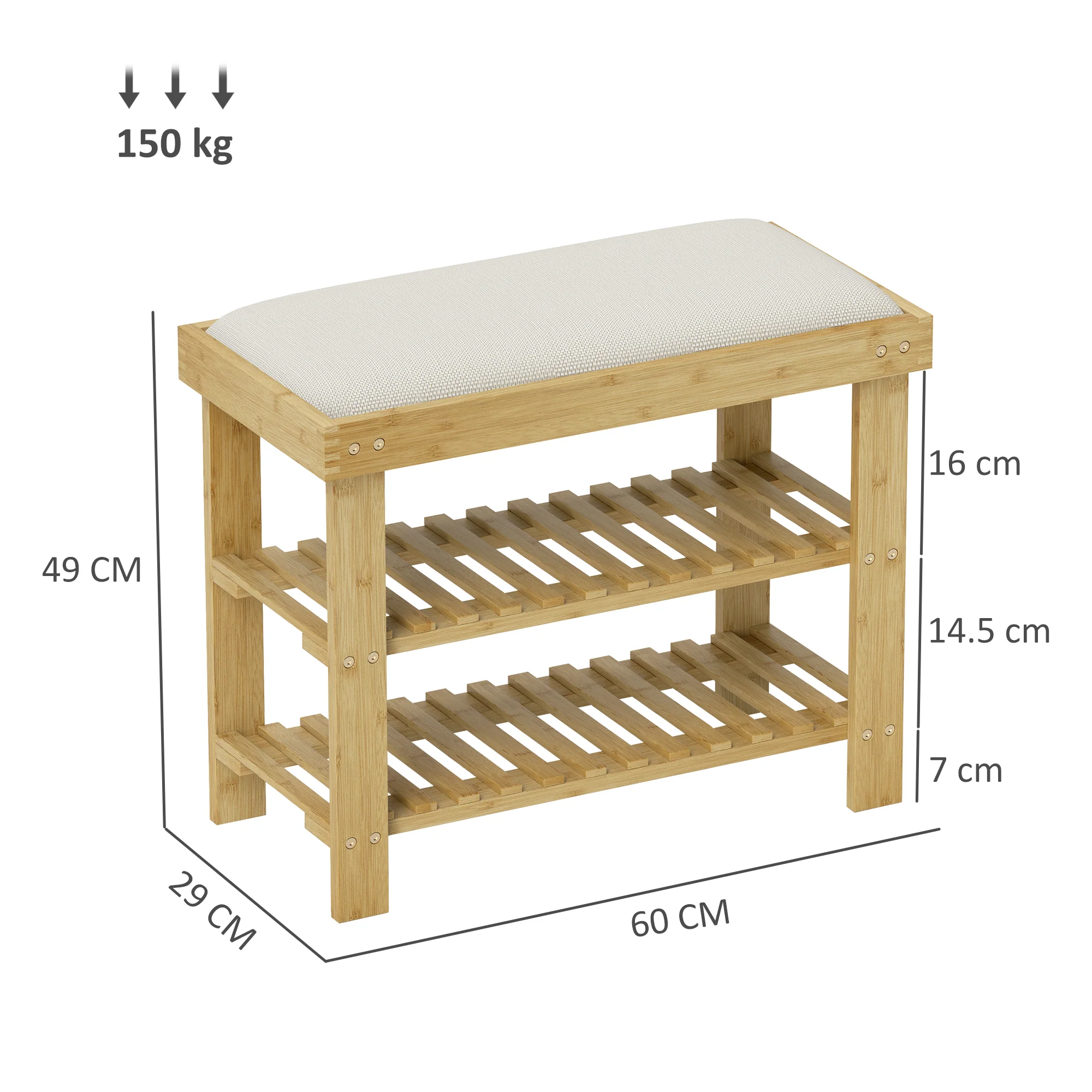 HOMCOM 3-Tier Shoe Storage Bench, Bamboo Shoe Rack for Entryway, Cream - Image 5