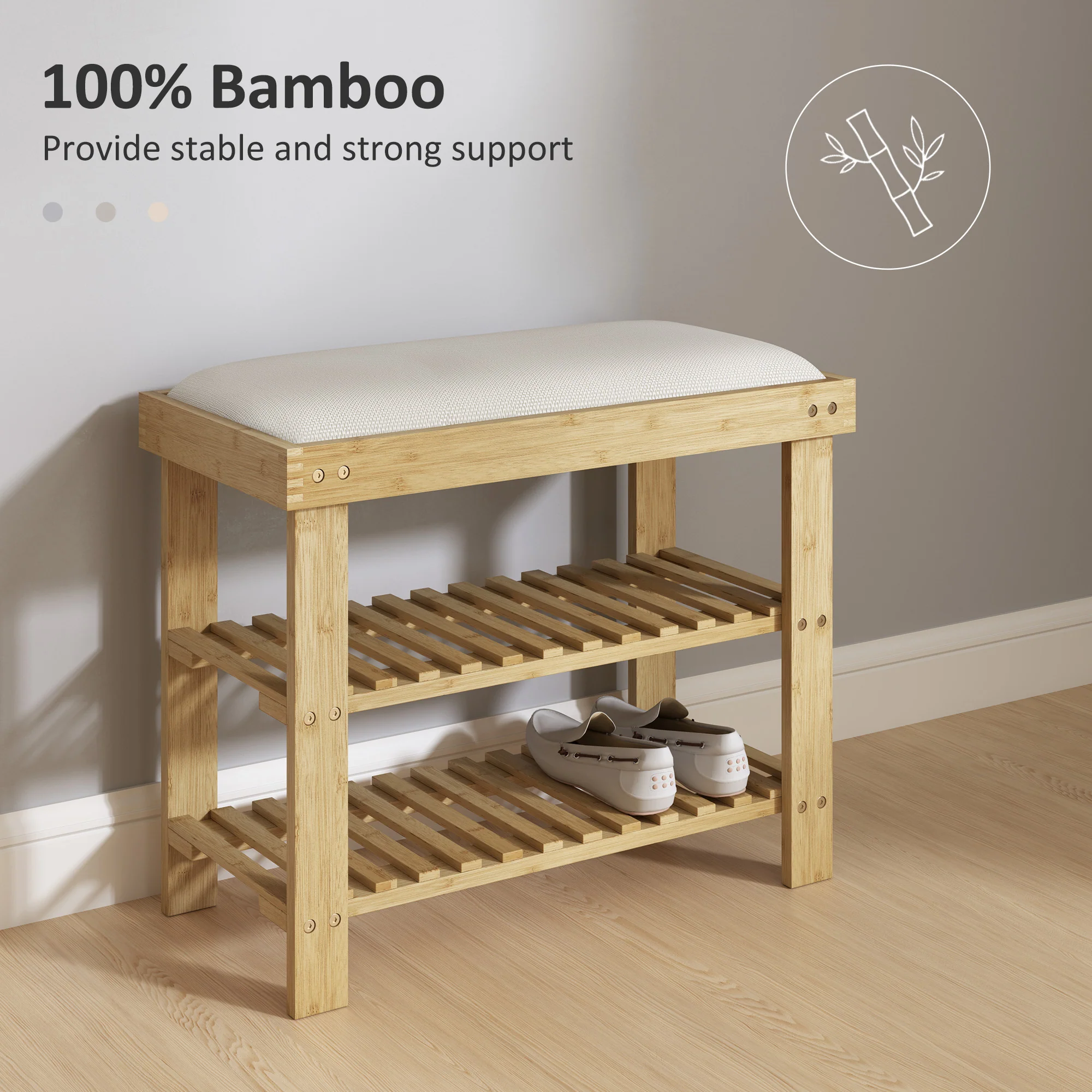 HOMCOM 3-Tier Shoe Storage Bench, Bamboo Shoe Rack for Entryway, Cream - Image 6