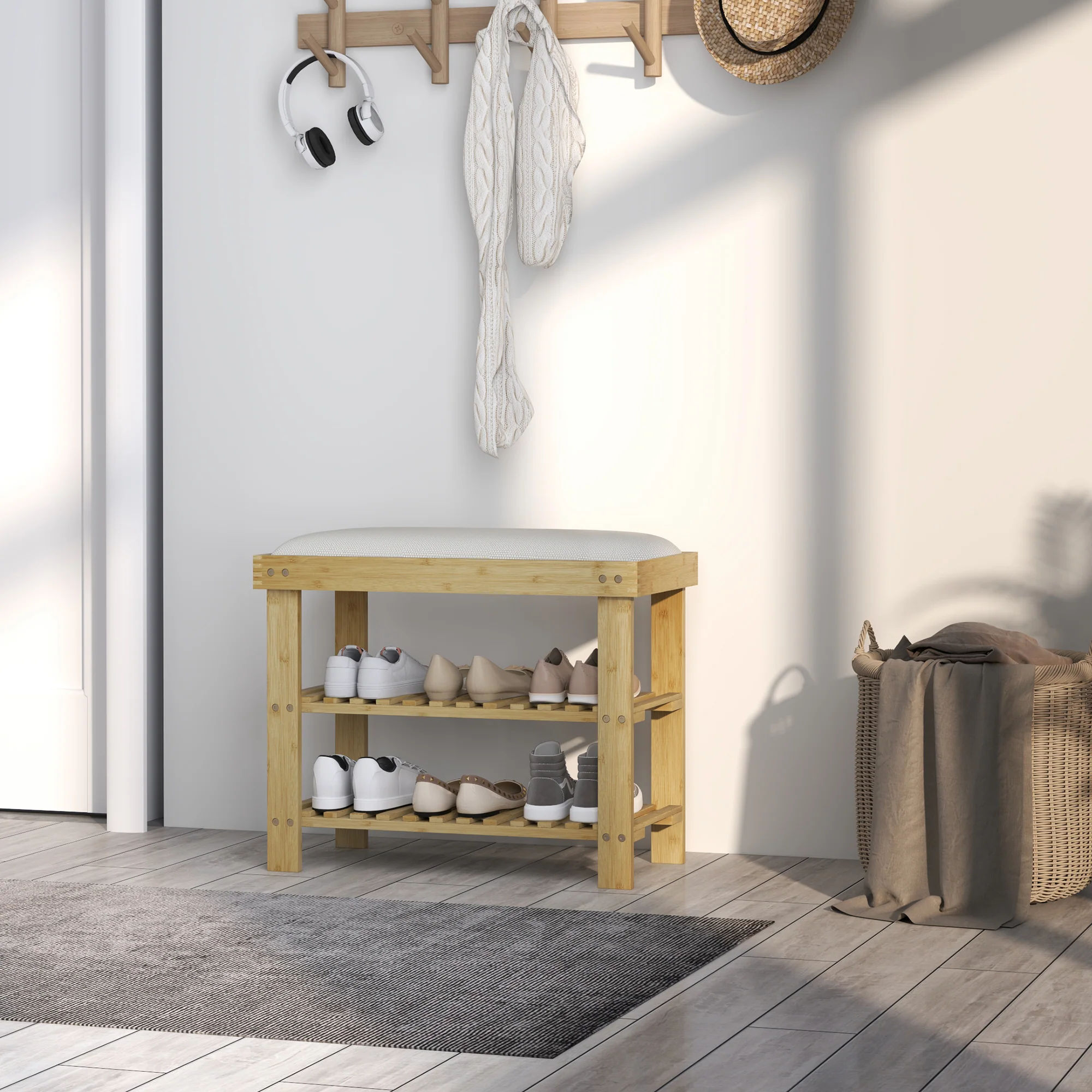 HOMCOM 3-Tier Shoe Storage Bench, Bamboo Shoe Rack for Entryway, Cream - Image 7