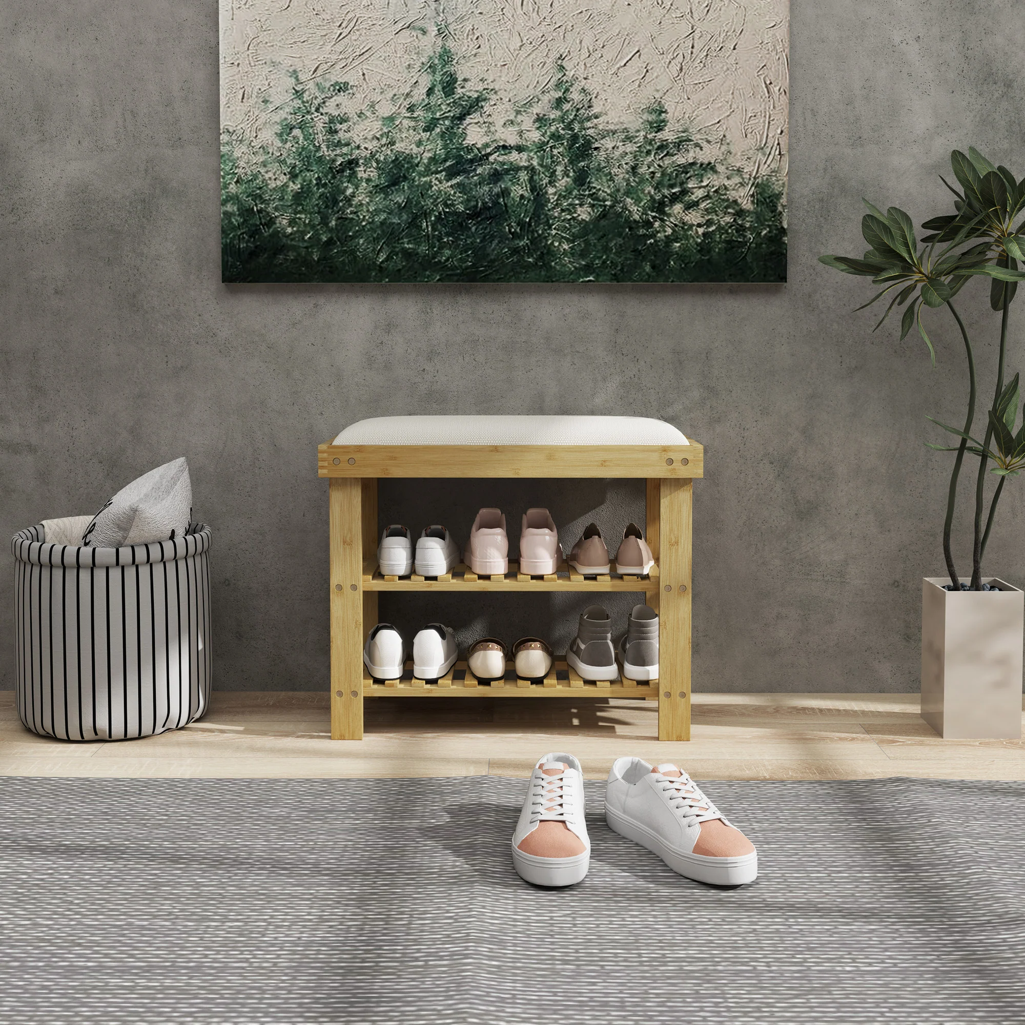 HOMCOM 3-Tier Shoe Storage Bench, Bamboo Shoe Rack for Entryway, Cream - Image 8