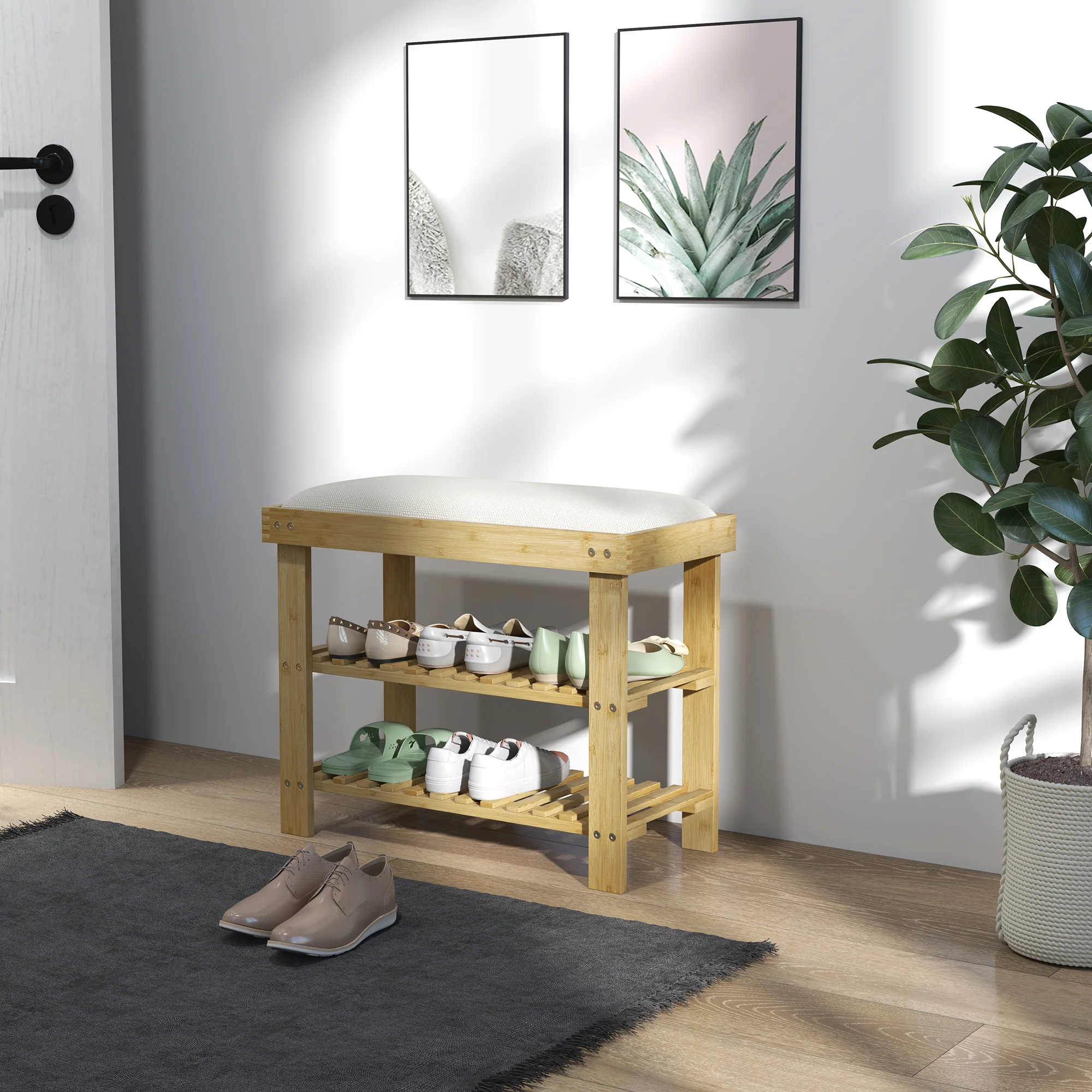 HOMCOM 3-Tier Shoe Storage Bench, Bamboo Shoe Rack for Entryway, Cream - Image 9