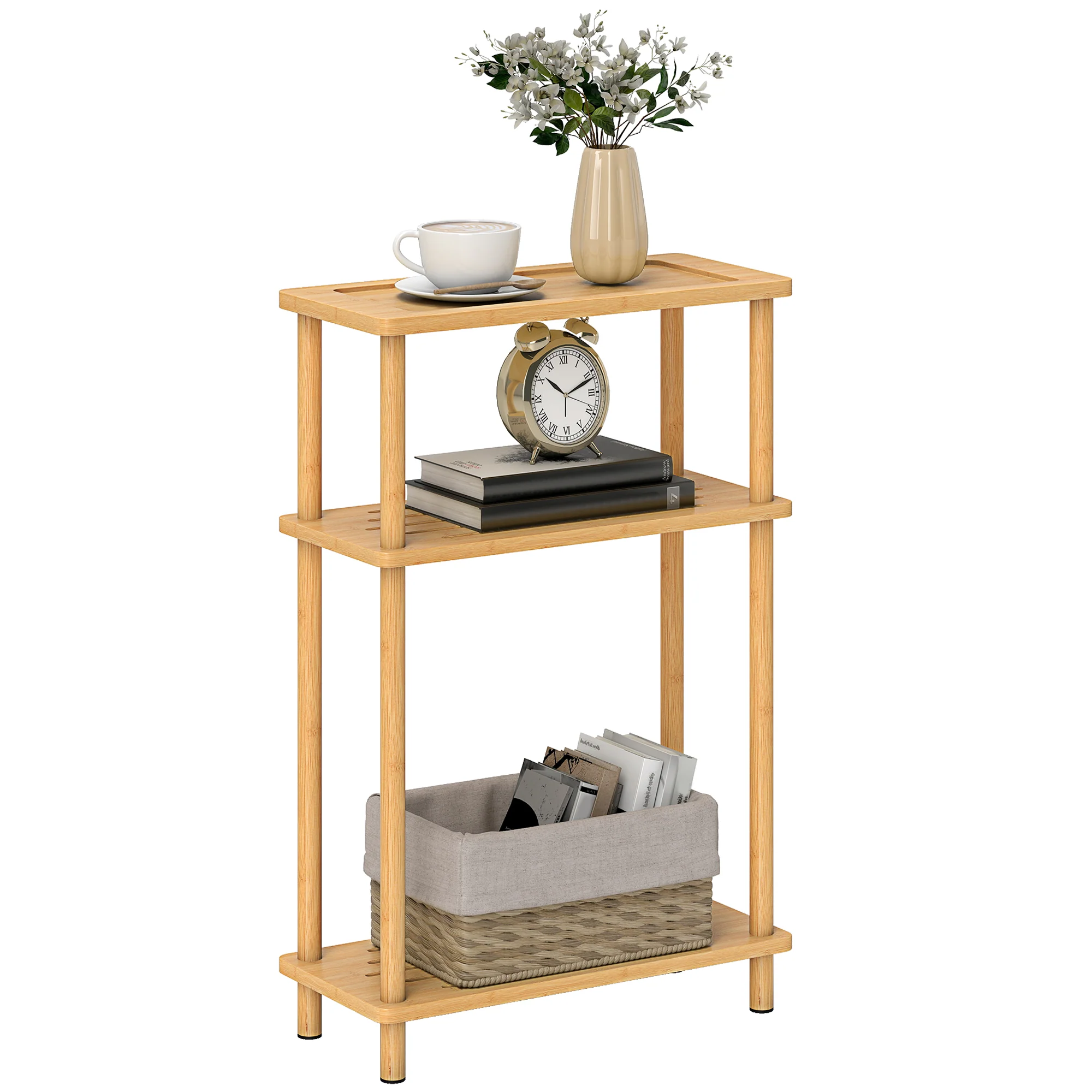 HOMCOM 3-Tier Slim End Table, Tool-Free Assembly, Natural Wood Finish
