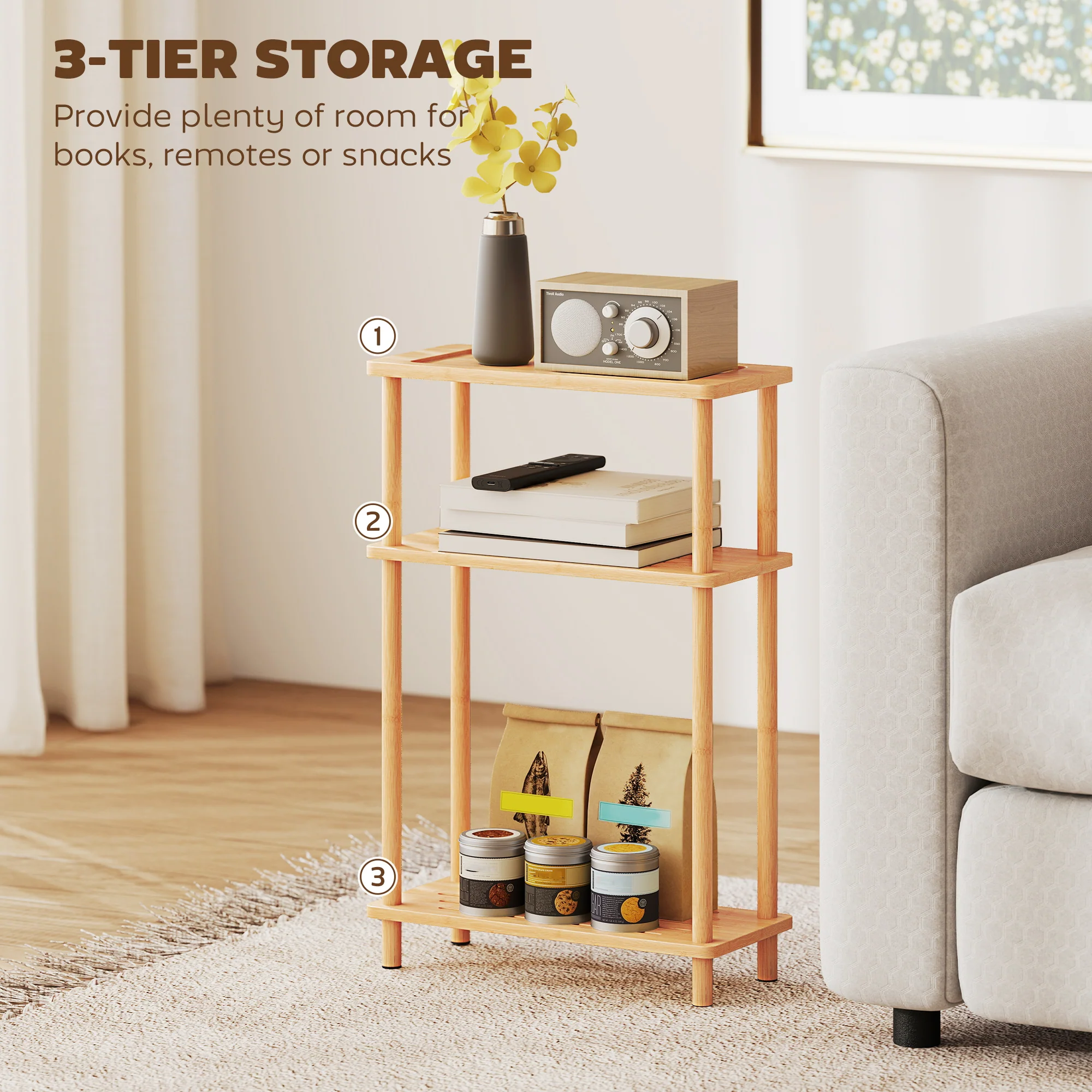 HOMCOM 3-Tier Slim End Table, Tool-Free Assembly, Natural Wood Finish - Image 4
