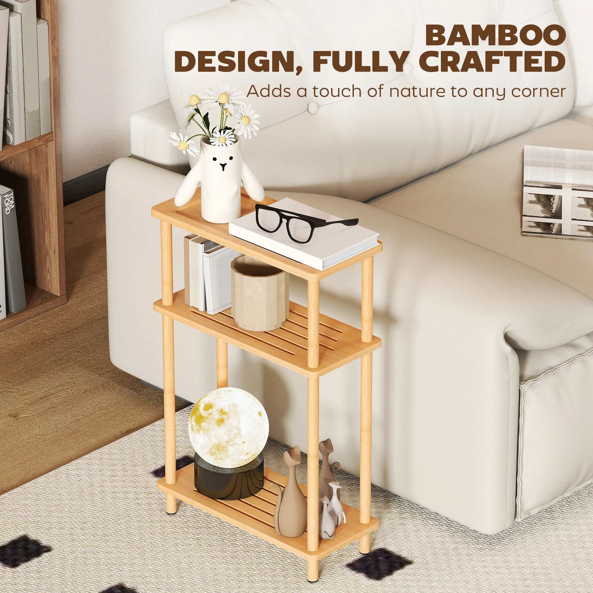 HOMCOM 3-Tier Slim End Table, Tool-Free Assembly, Natural Wood Finish - Image 6