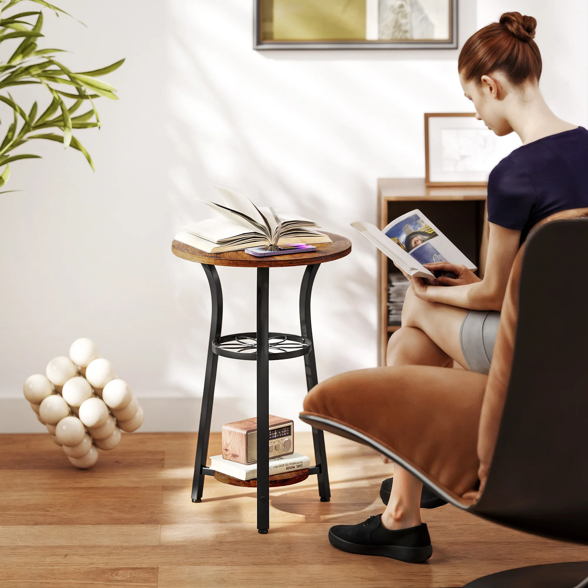 HOMCOM 3-Tier Small End Table Industrial 38 Cm Round Side Table Rustic Brown - Image 7