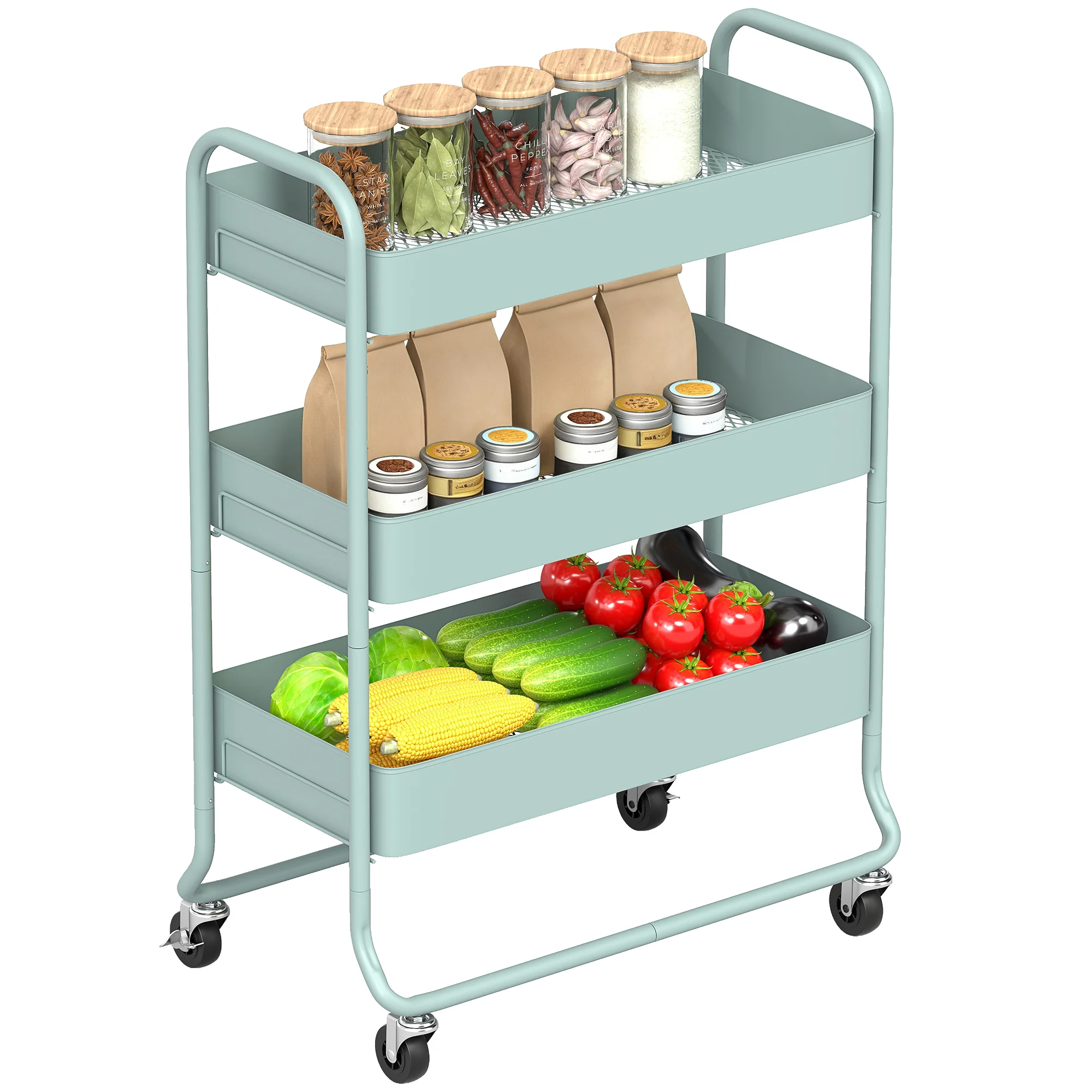 HOMCOM 3-Tier Storage Trolley, Storage Cart With Mesh Backets, Wheels