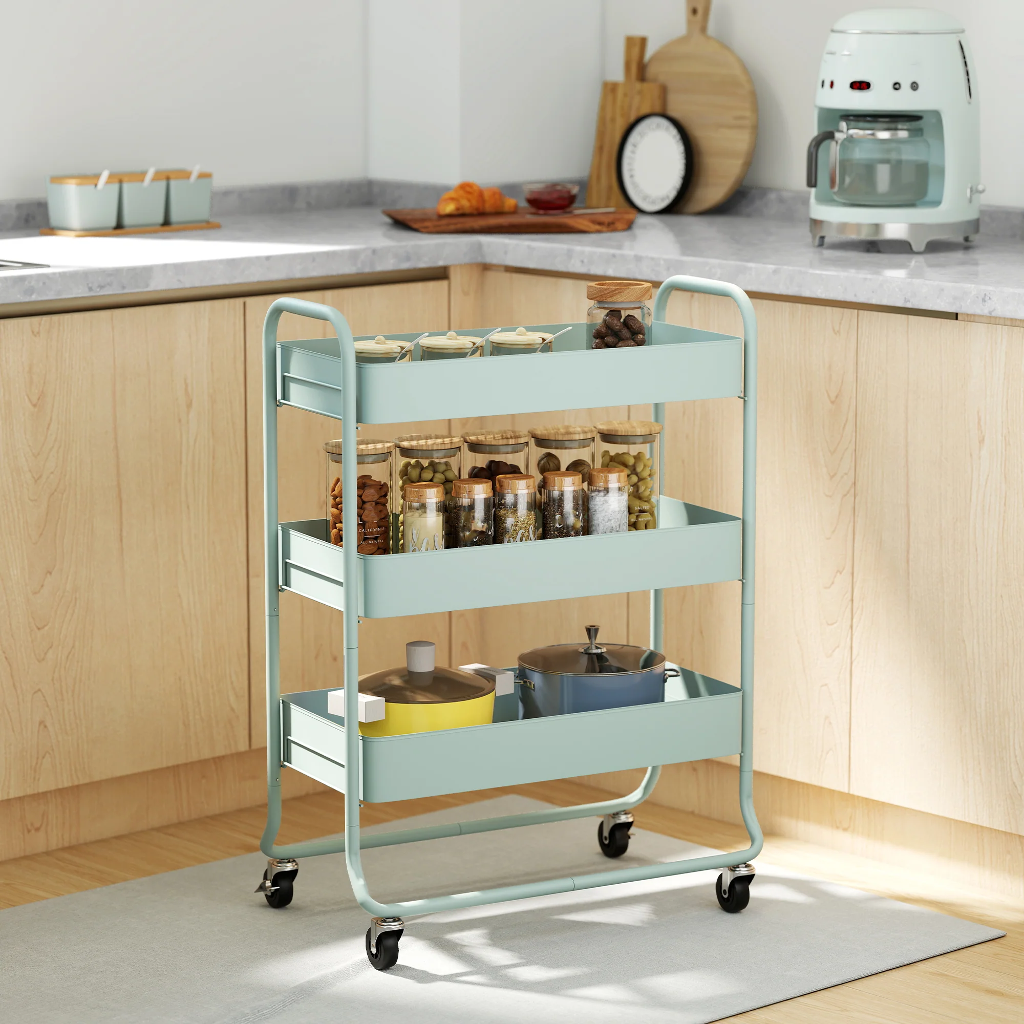 HOMCOM 3-Tier Storage Trolley, Storage Cart With Mesh Backets, Wheels - Image 2