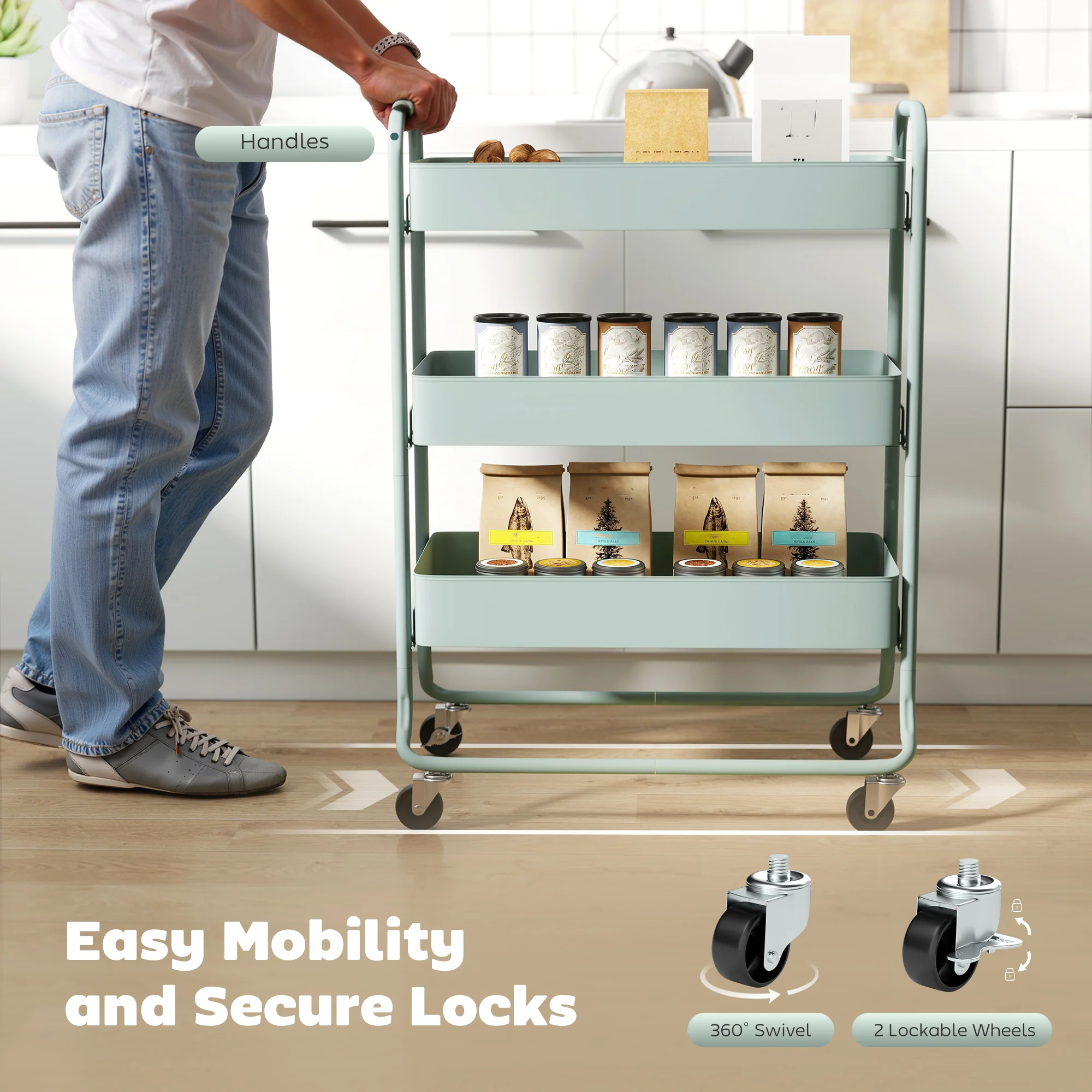 HOMCOM 3-Tier Storage Trolley, Storage Cart With Mesh Backets, Wheels - Image 4