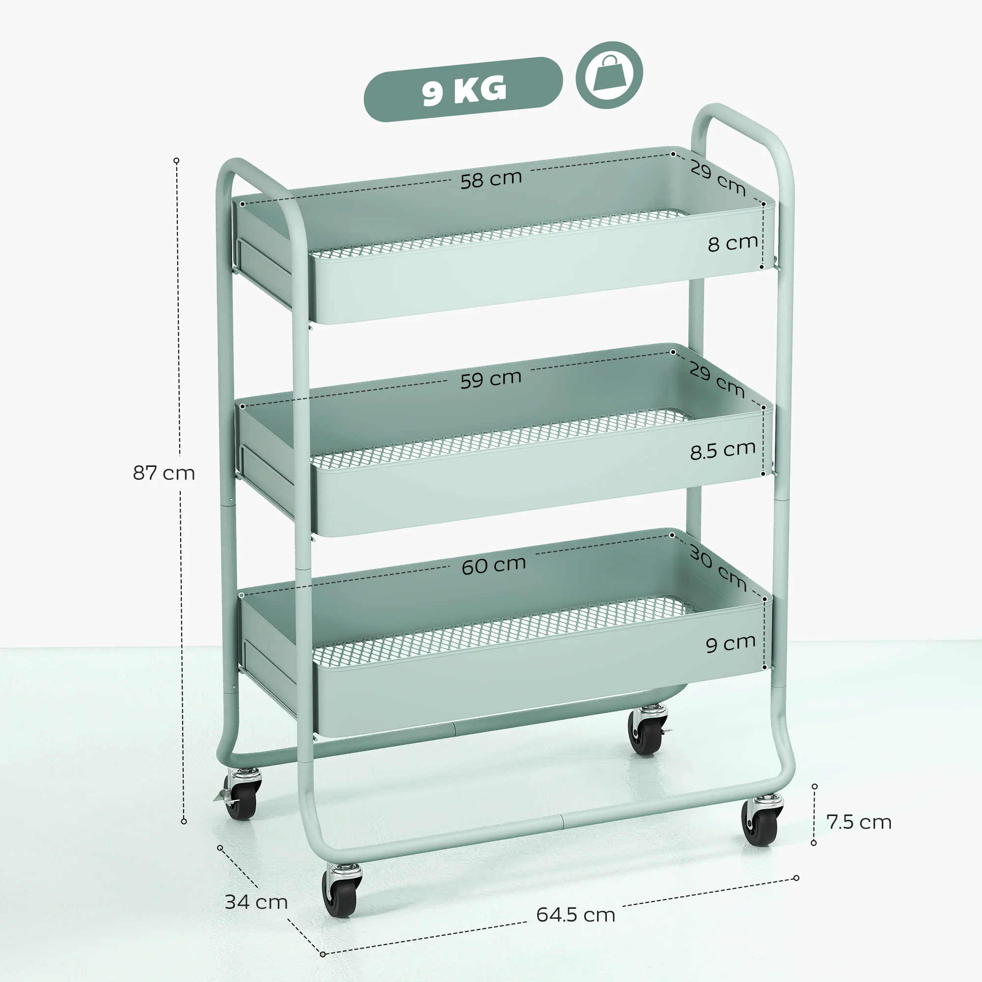 HOMCOM 3-Tier Storage Trolley, Storage Cart With Mesh Backets, Wheels - Image 5
