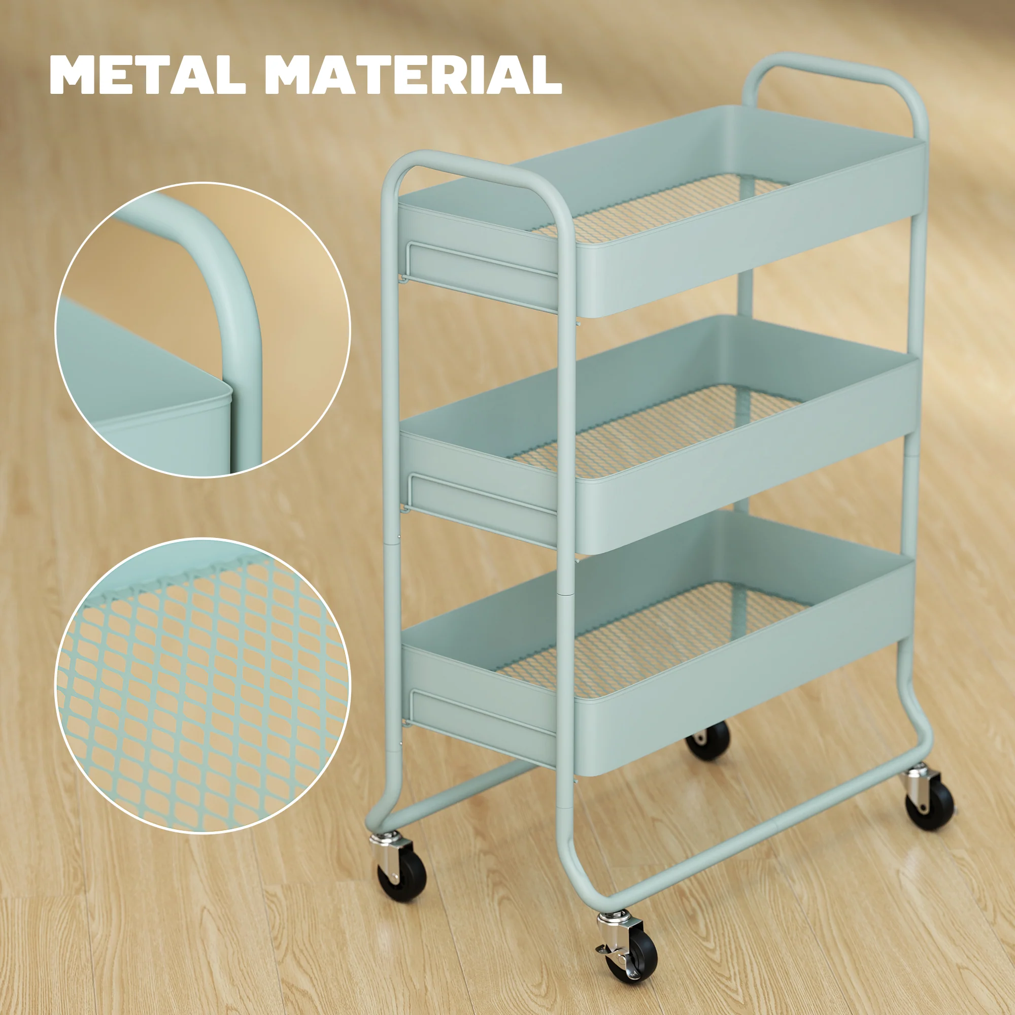 HOMCOM 3-Tier Storage Trolley, Storage Cart With Mesh Backets, Wheels - Image 6
